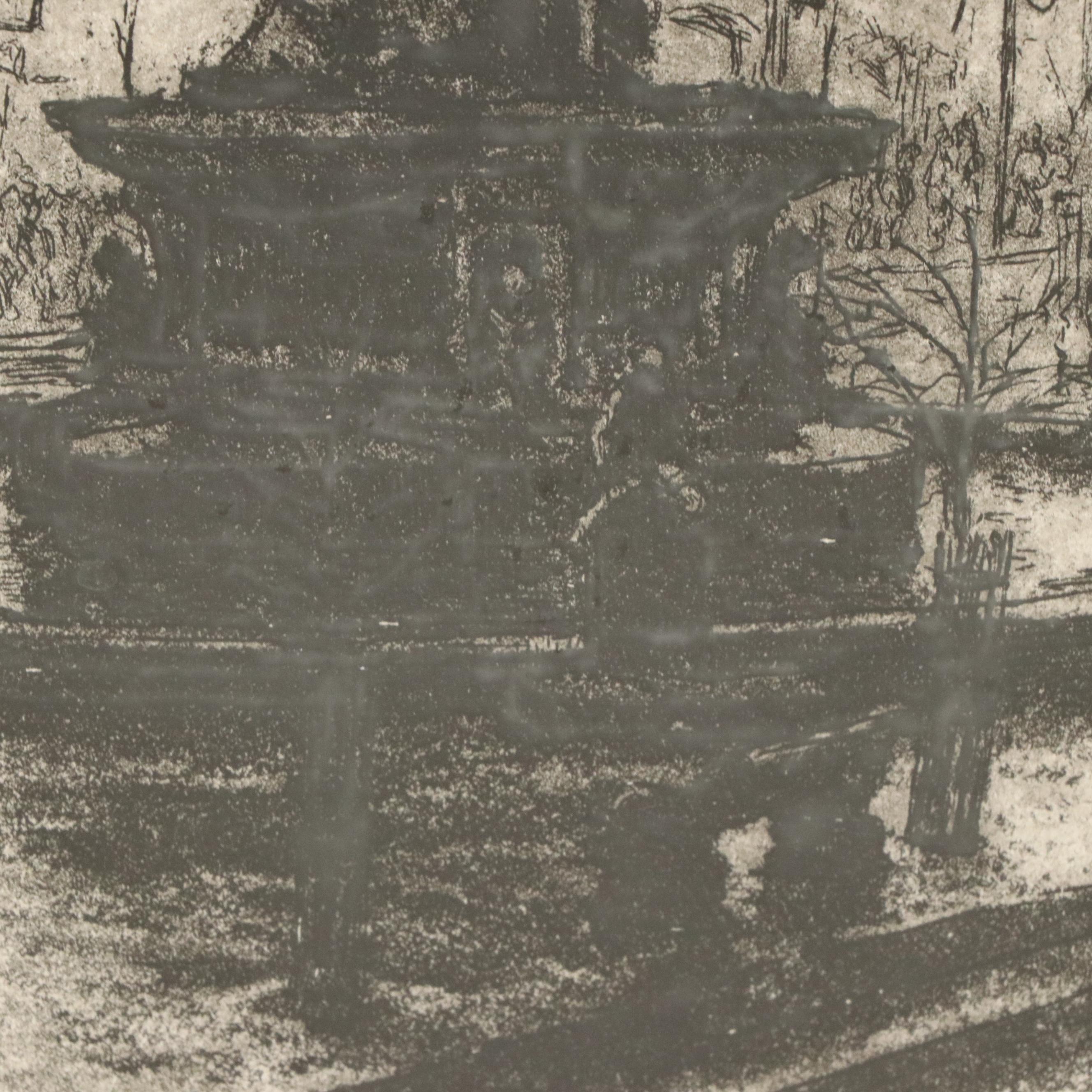 E. T. Hurley Restrike Etching "Fountain Square: Night (Cincinnati)"