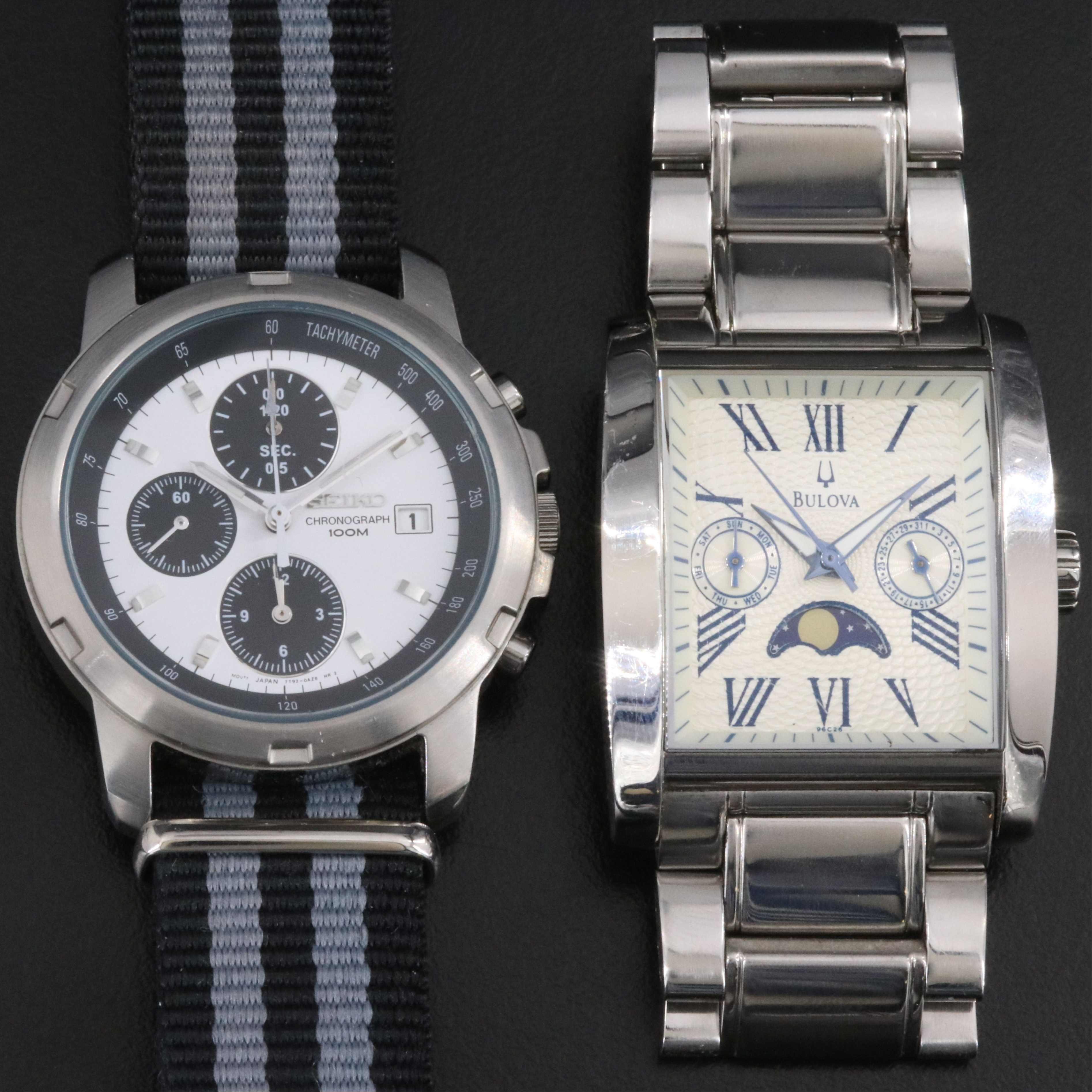Seiko Chronograph and Bulova Moonphase Stainless Steel Quartz Watches