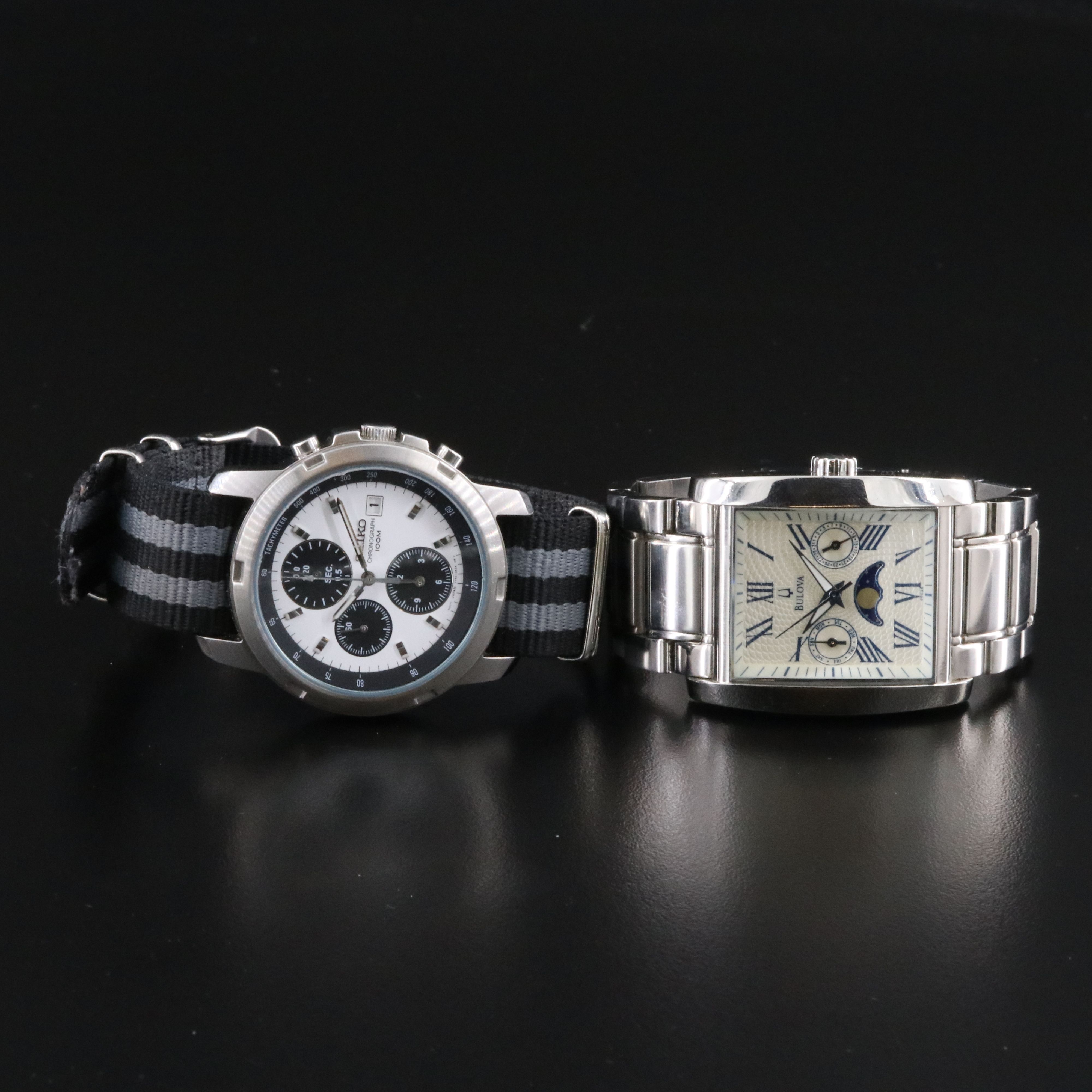 Seiko Chronograph and Bulova Moonphase Stainless Steel Quartz Watches