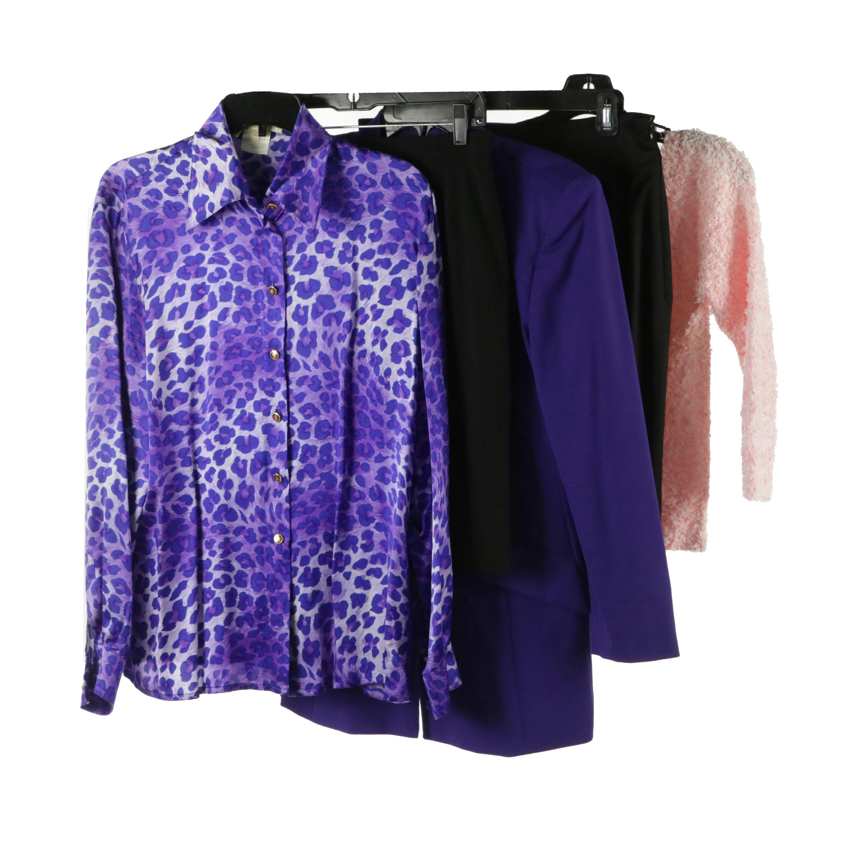 Escada Silk Printed Blouse, Black Wool Blend Skirts, Wool Blazer & Pink Sweater