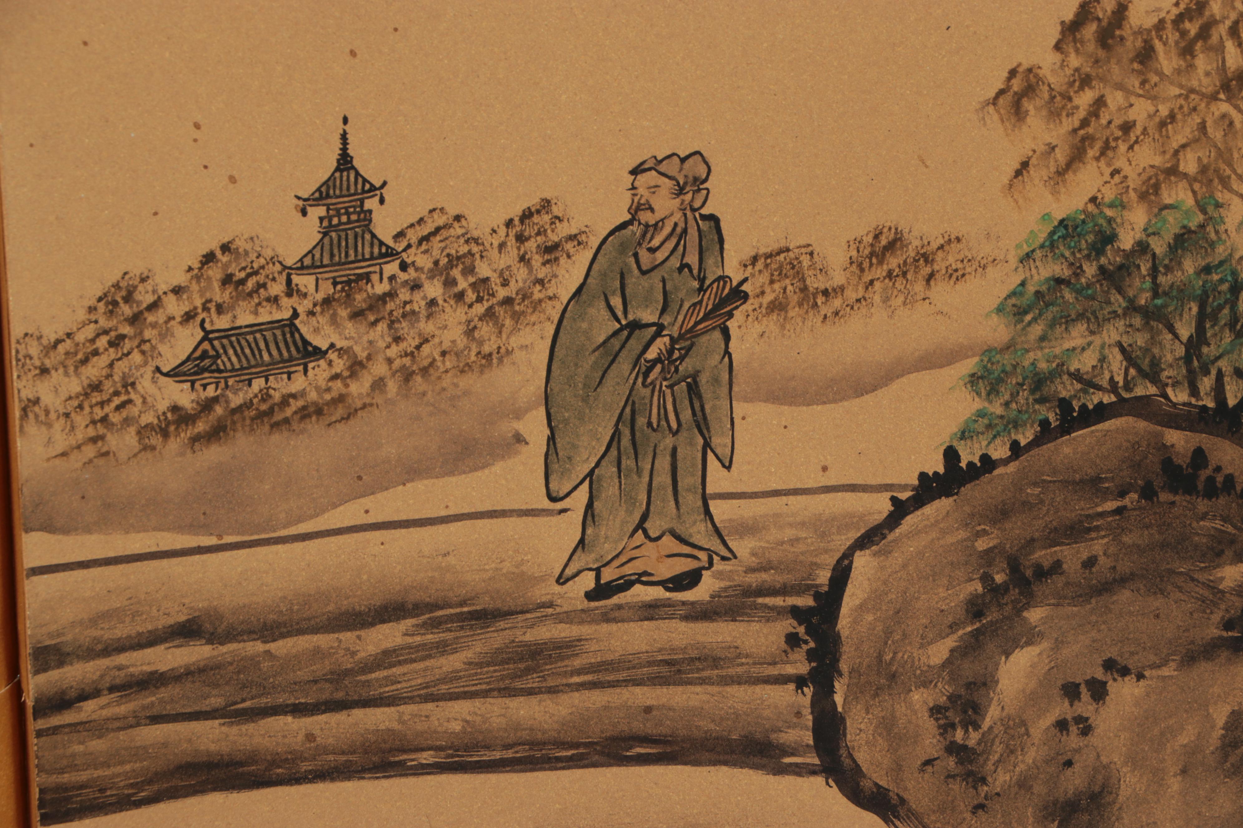 Japanese Hand-Painted Four-Panel Byōbu