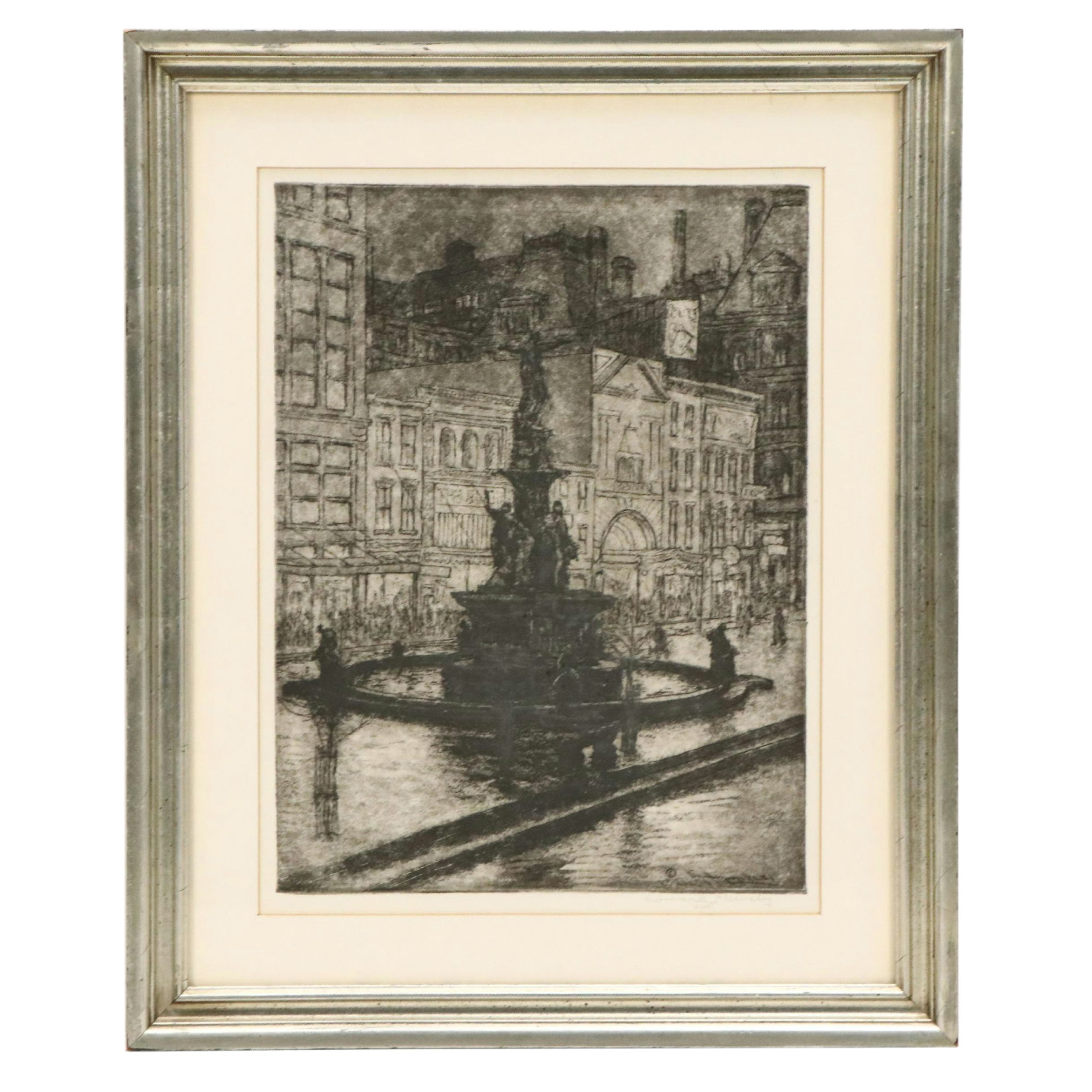 E. T. Hurley Restrike Etching "Fountain Square: Night (Cincinnati)"
