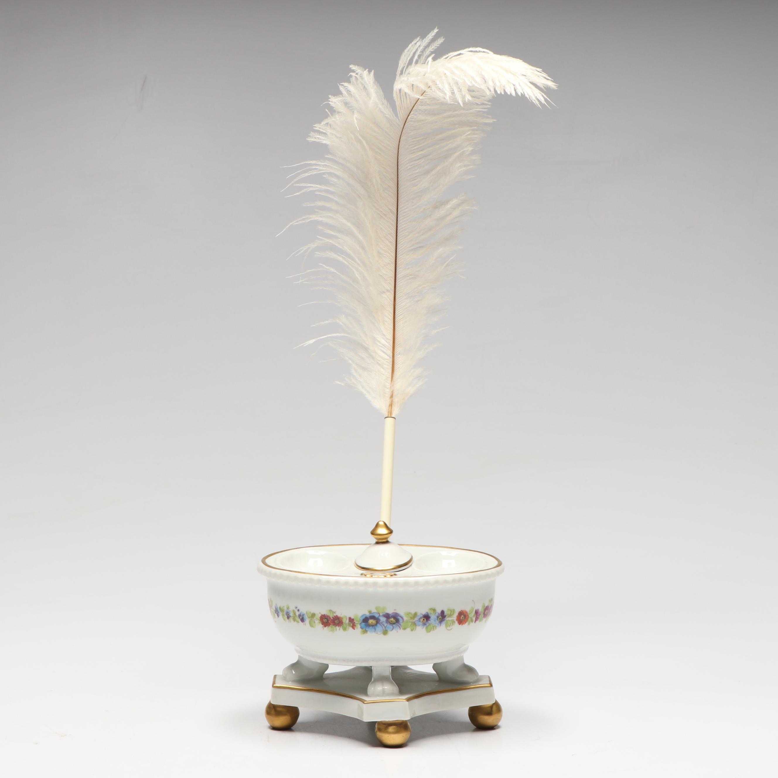Porcelaine de Paris Porcelain Inkwell with Feather Quill, 20th Century
