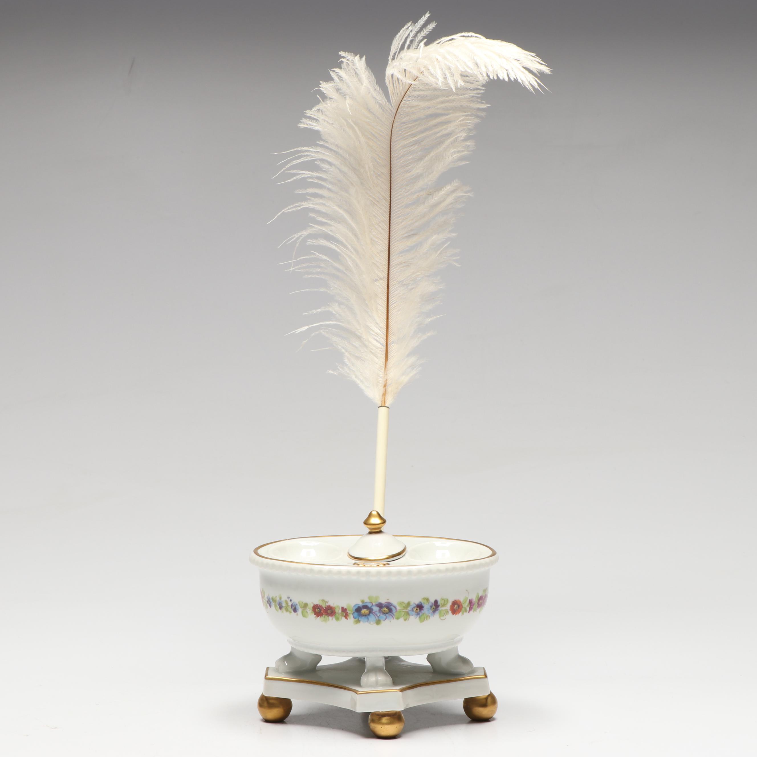 Porcelaine de Paris Porcelain Inkwell with Feather Quill, 20th Century
