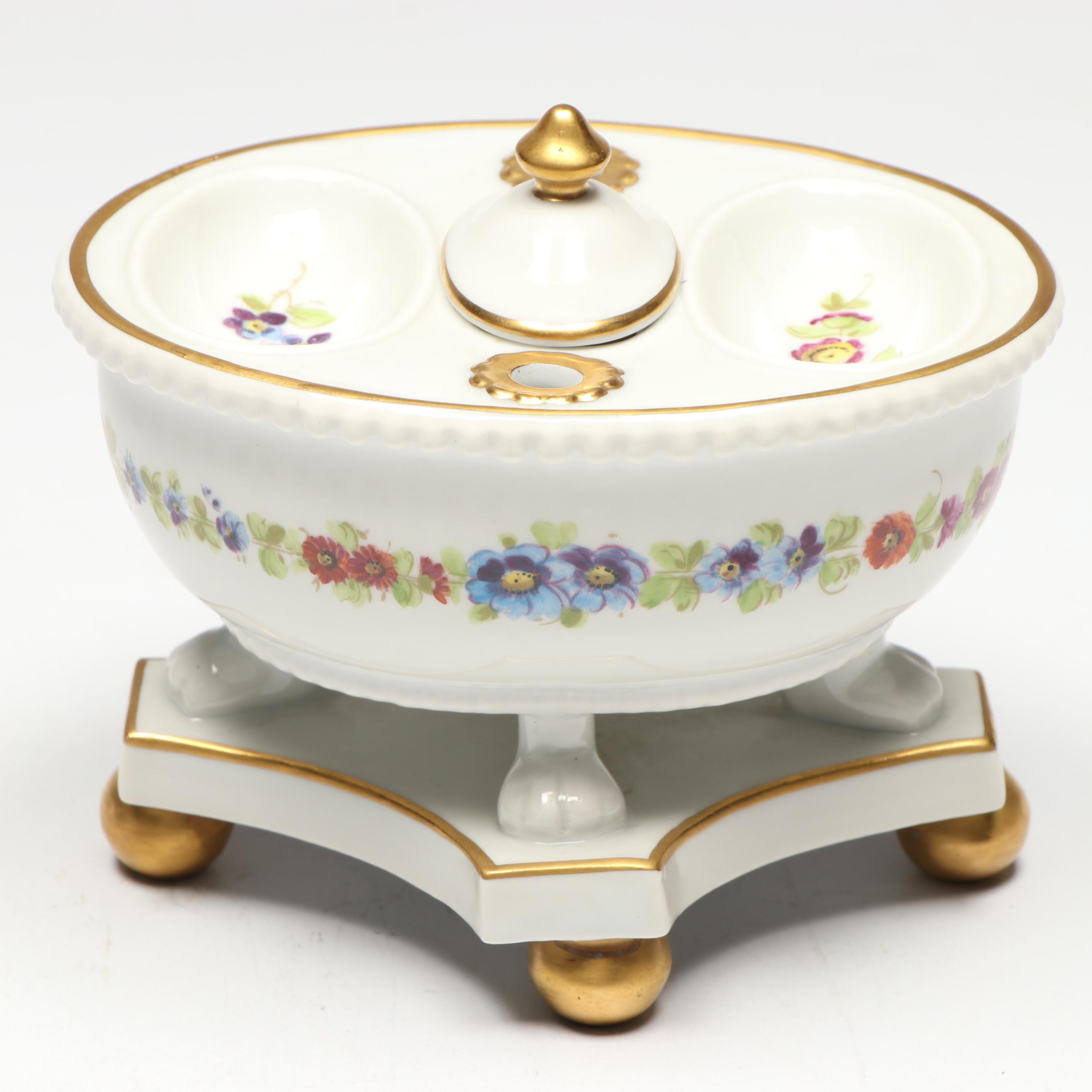 Porcelaine de Paris Porcelain Inkwell with Feather Quill, 20th Century