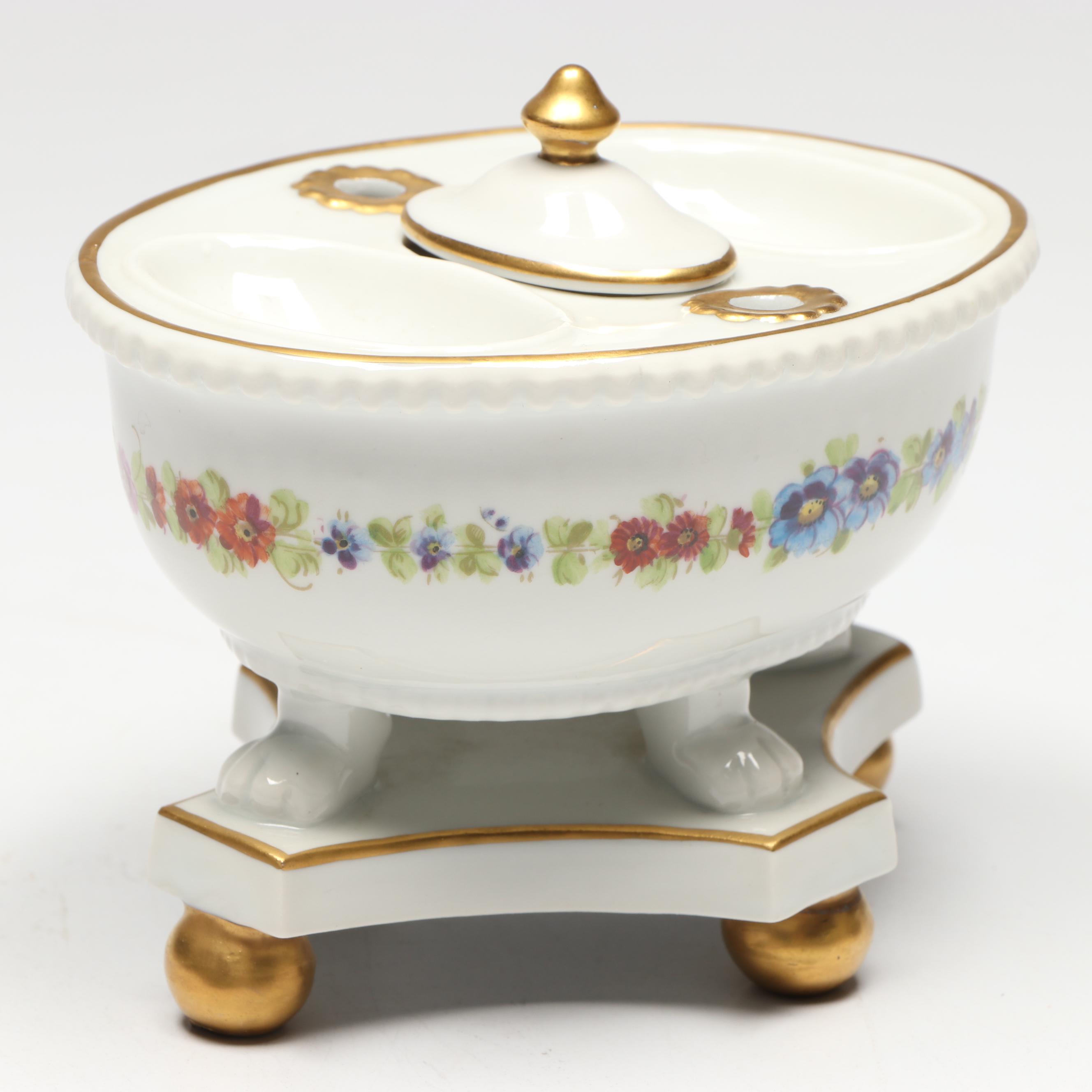 Porcelaine de Paris Porcelain Inkwell with Feather Quill, 20th Century