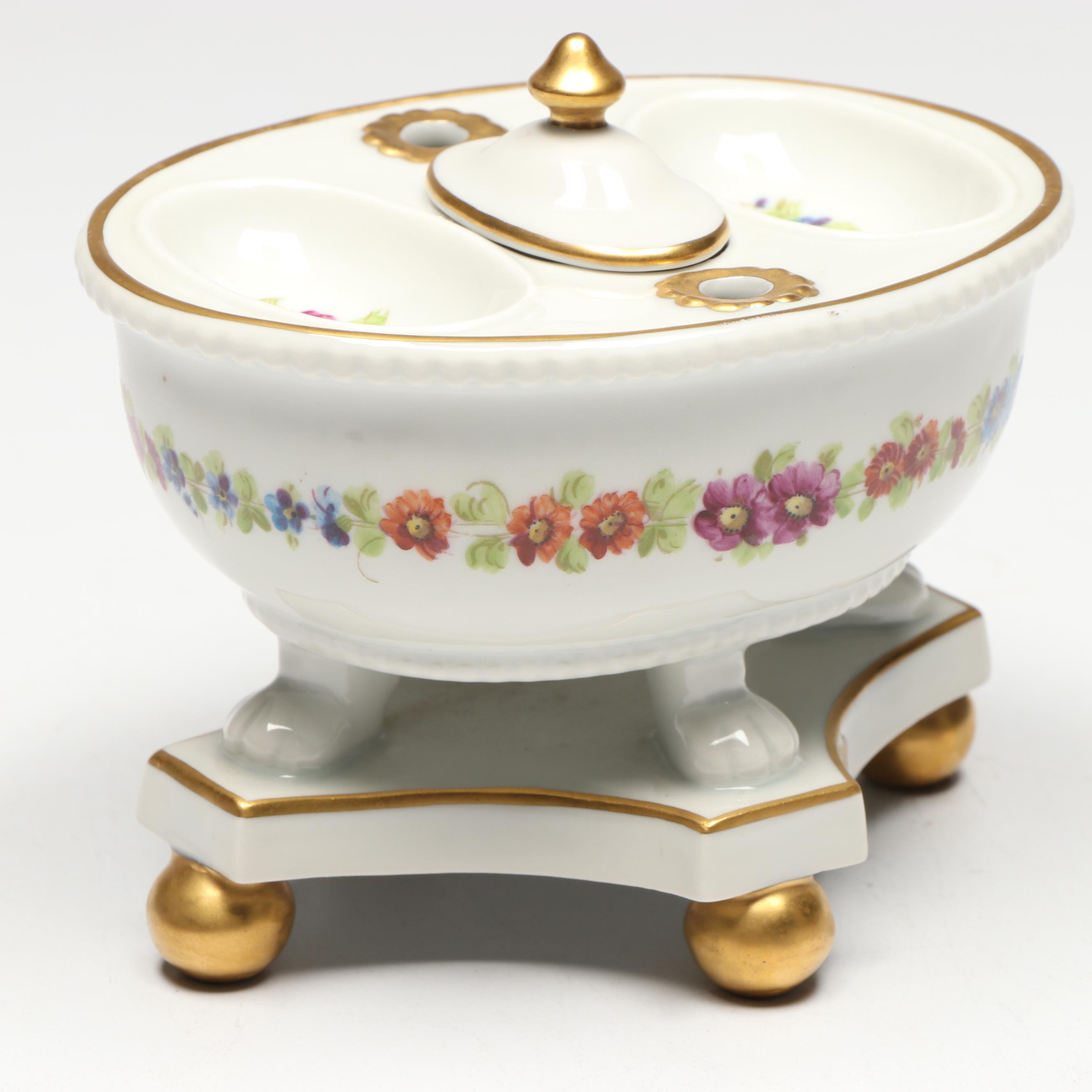 Porcelaine de Paris Porcelain Inkwell with Feather Quill, 20th Century