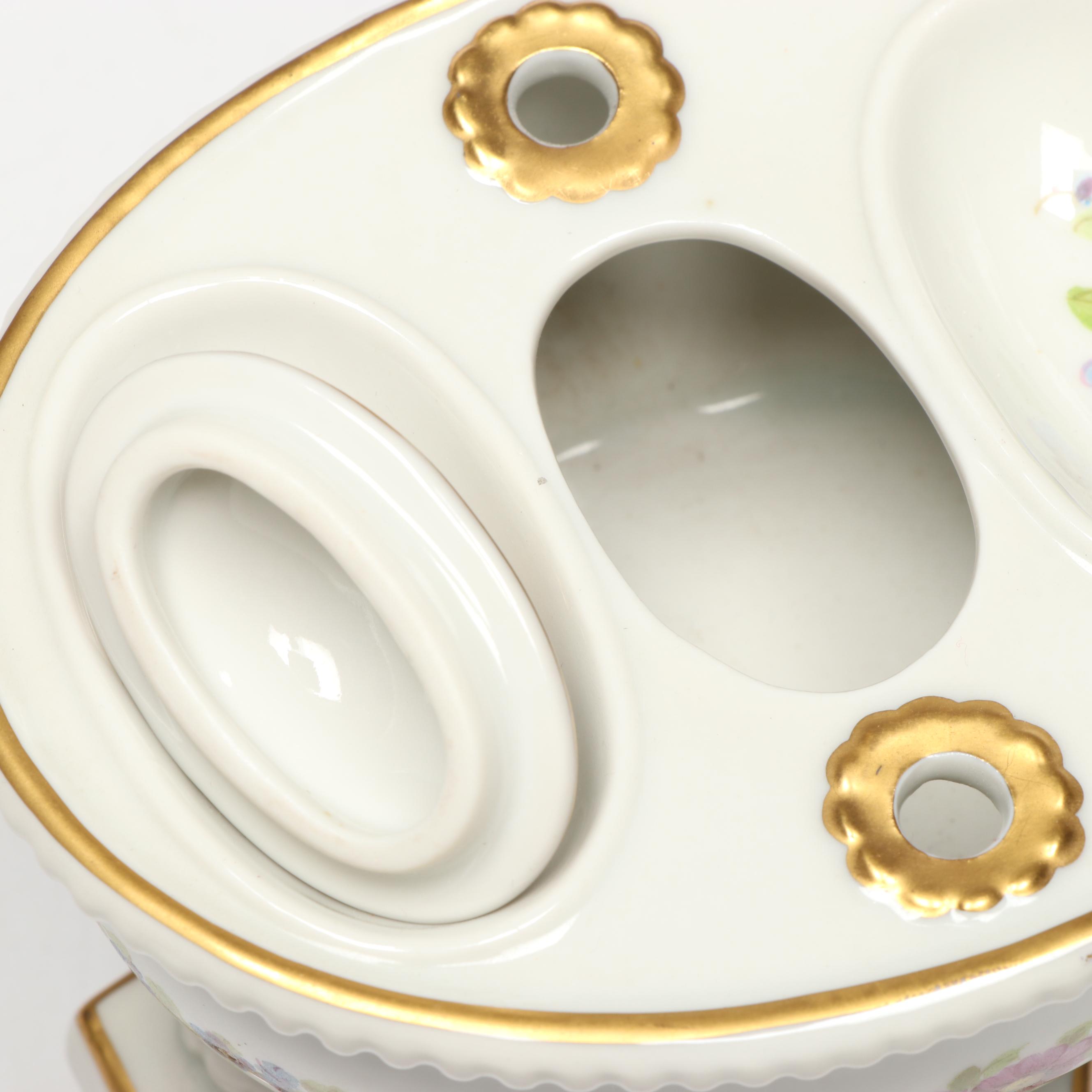 Porcelaine de Paris Porcelain Inkwell with Feather Quill, 20th Century