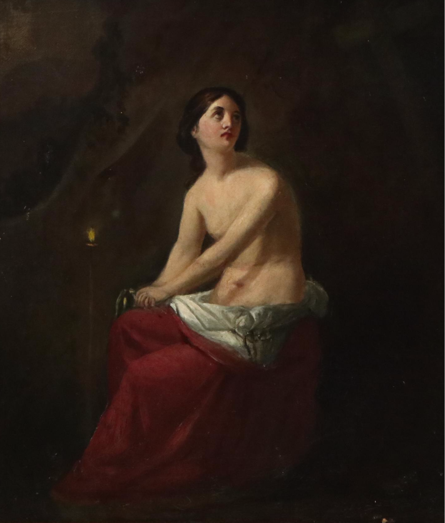 Italian School Chiaroscuro Oil Painting of Female Nude Gazing Toward Heaven