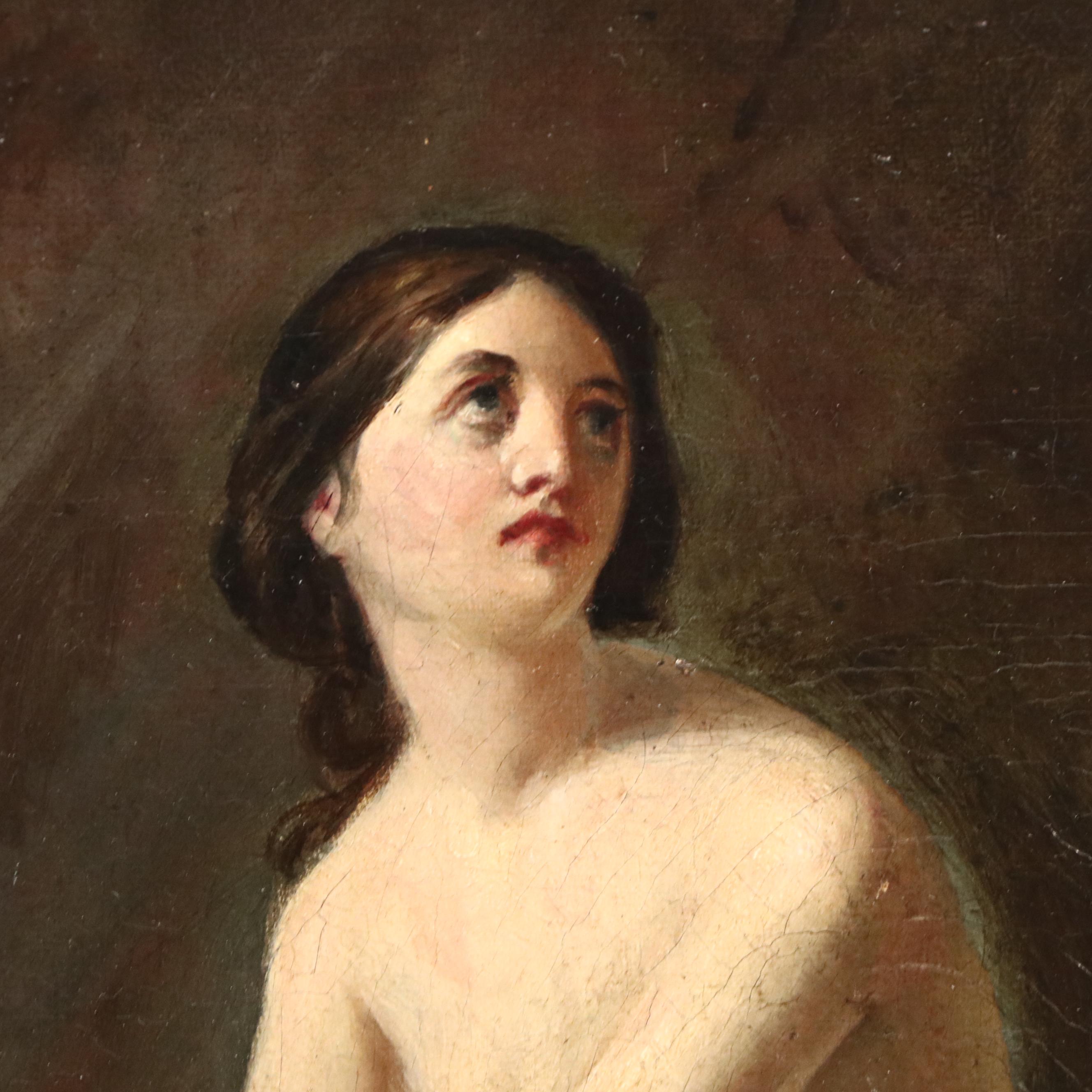 Italian School Chiaroscuro Oil Painting of Female Nude Gazing Toward Heaven