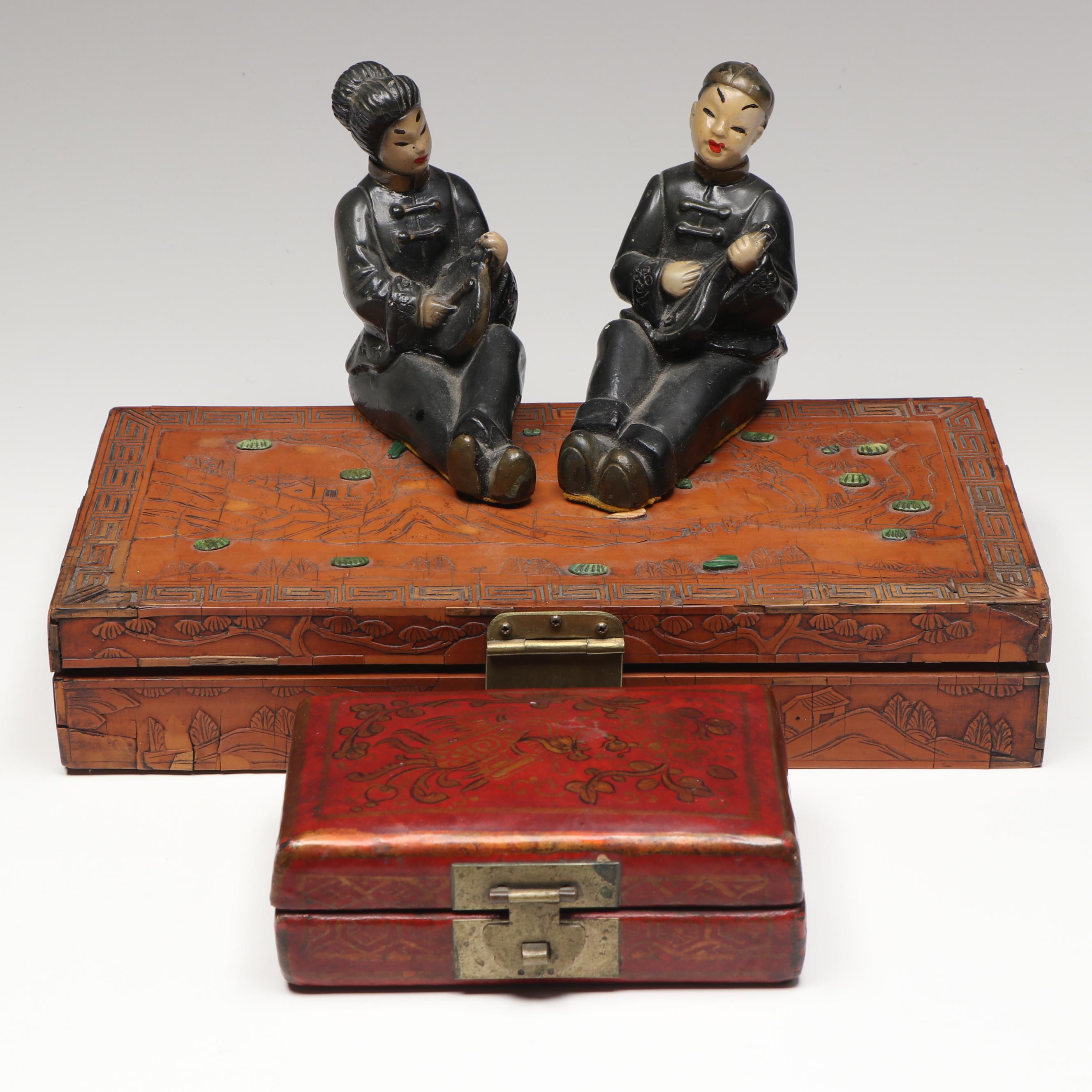 East Asian Lacquerware and Wood Veneer Boxes with Chalkware Musician Figurines
