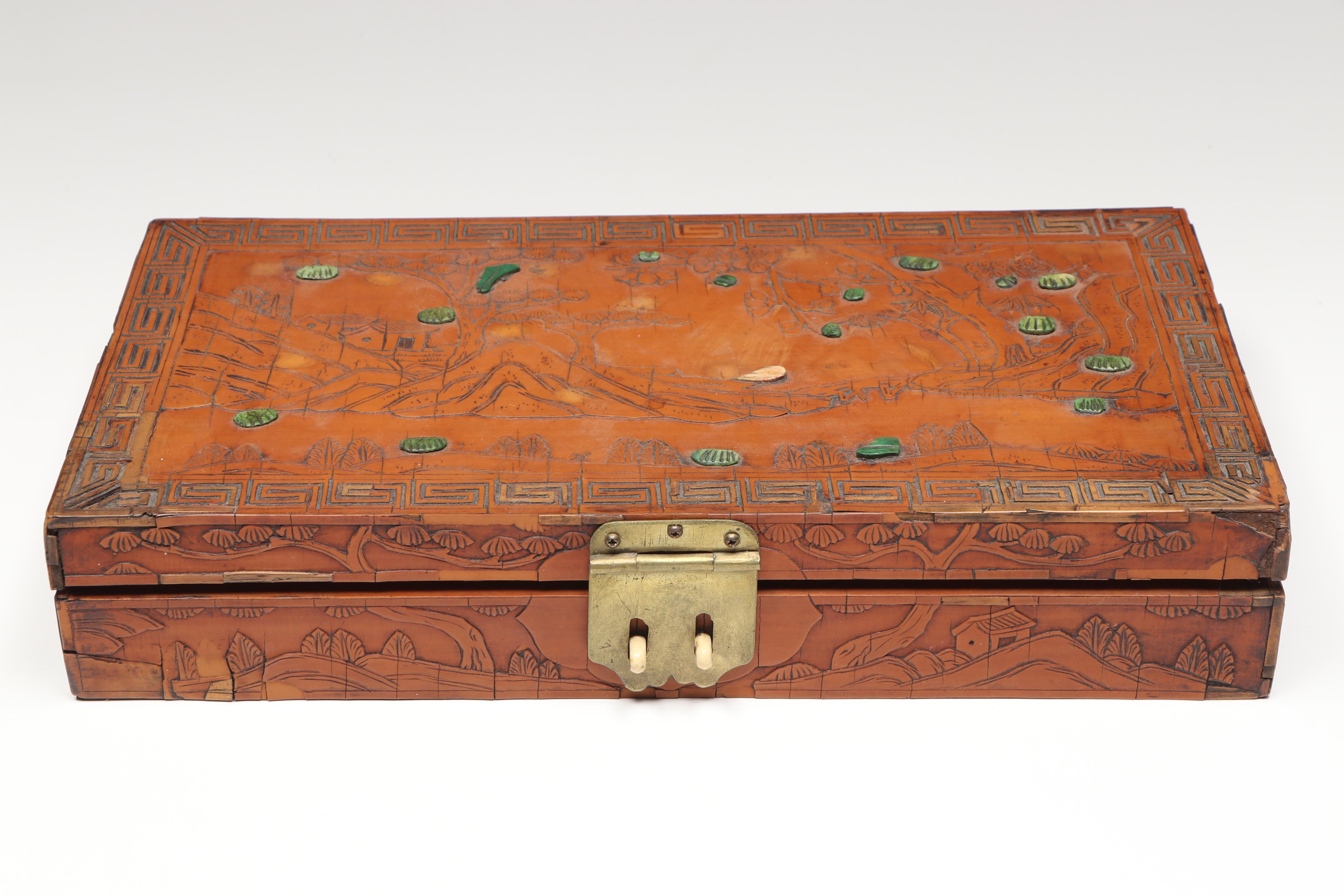 East Asian Lacquerware and Wood Veneer Boxes with Chalkware Musician Figurines