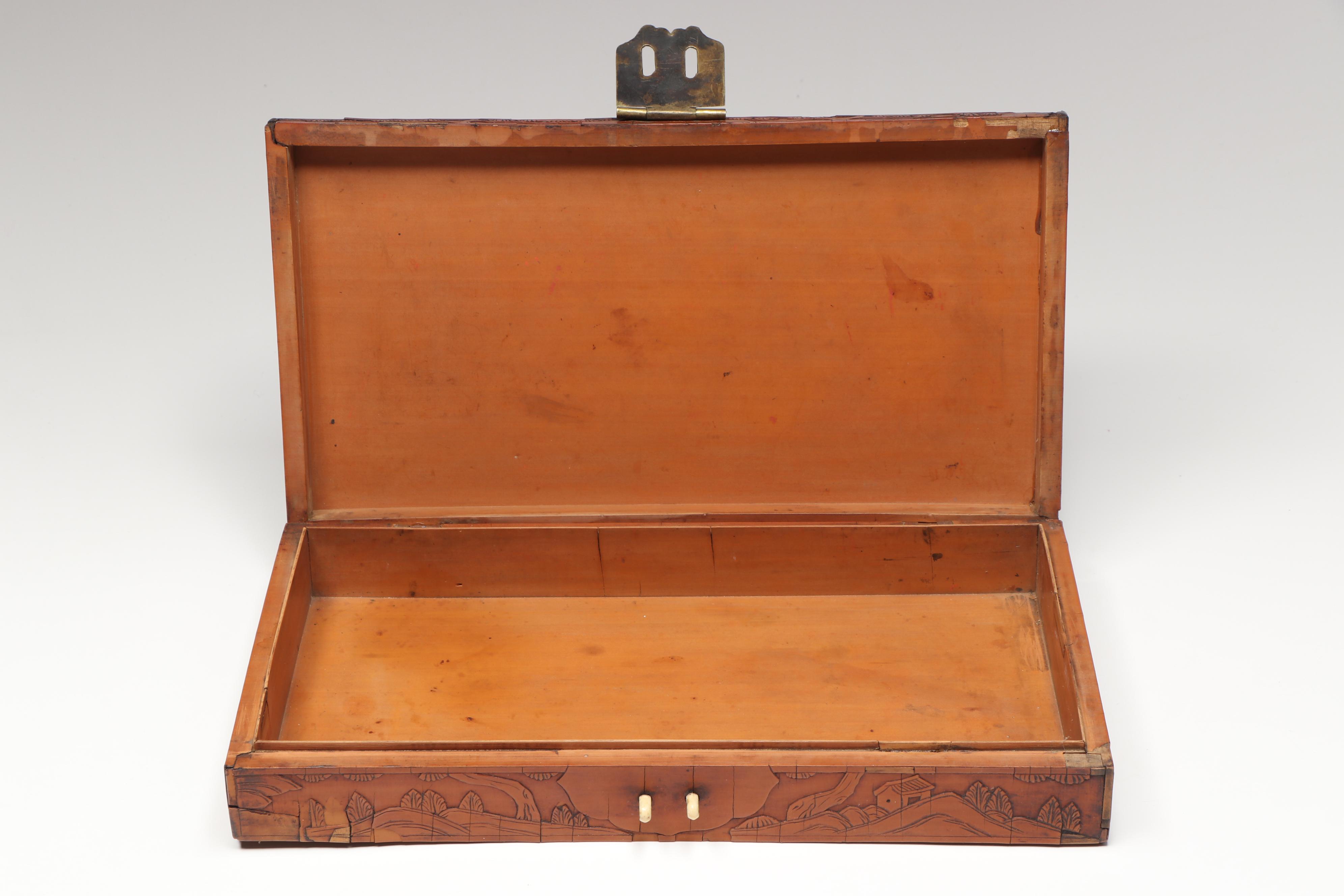 East Asian Lacquerware and Wood Veneer Boxes with Chalkware Musician Figurines