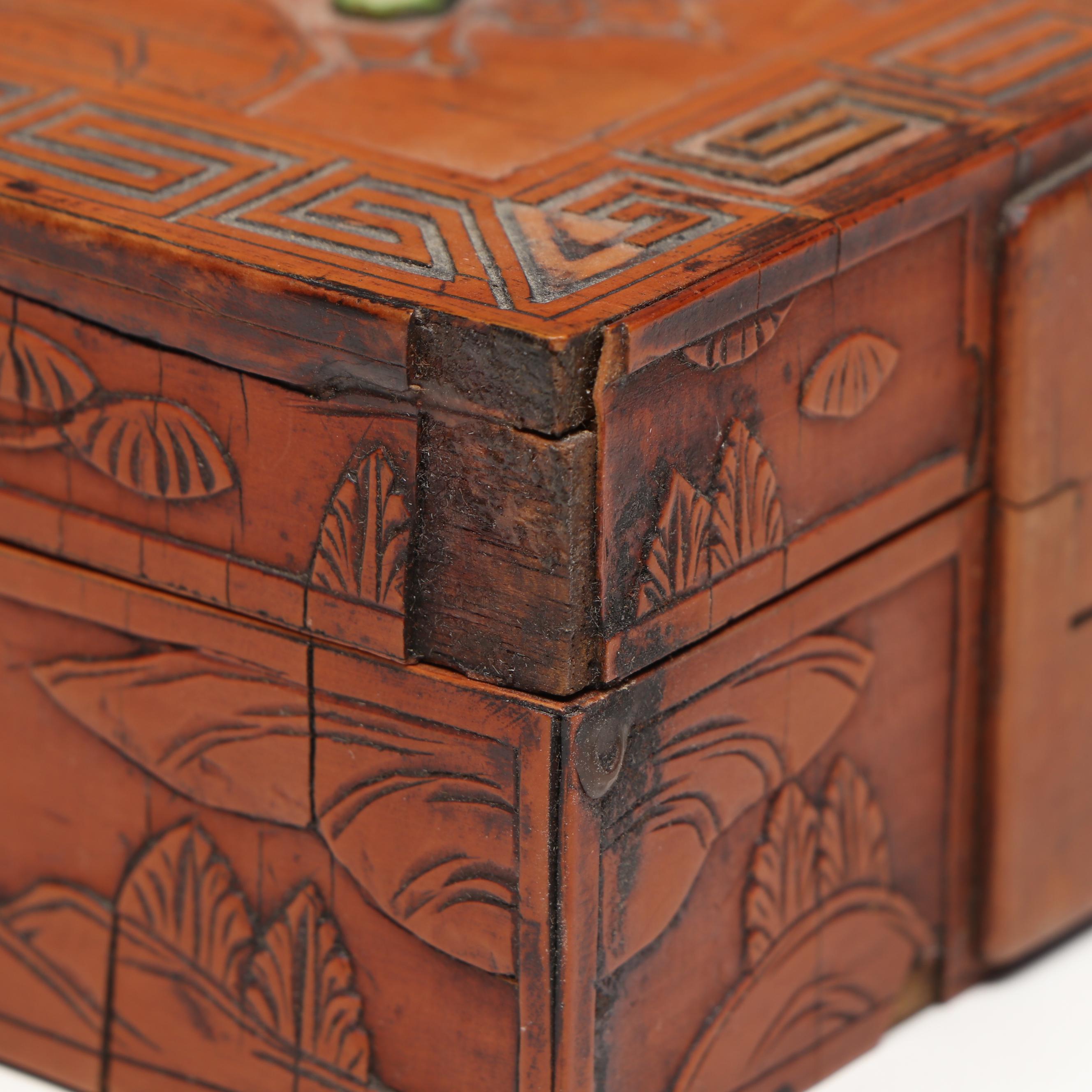 East Asian Lacquerware and Wood Veneer Boxes with Chalkware Musician Figurines