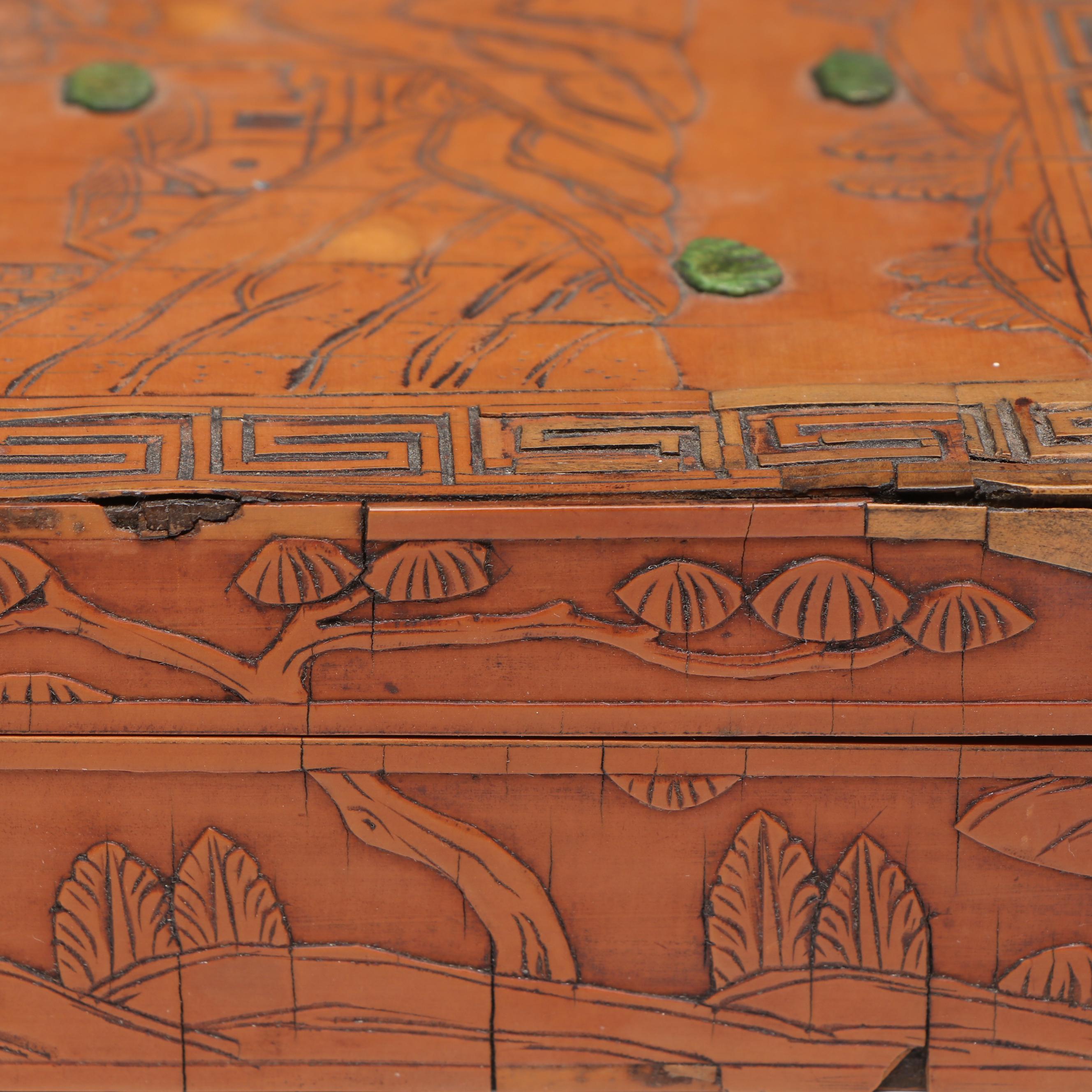 East Asian Lacquerware and Wood Veneer Boxes with Chalkware Musician Figurines