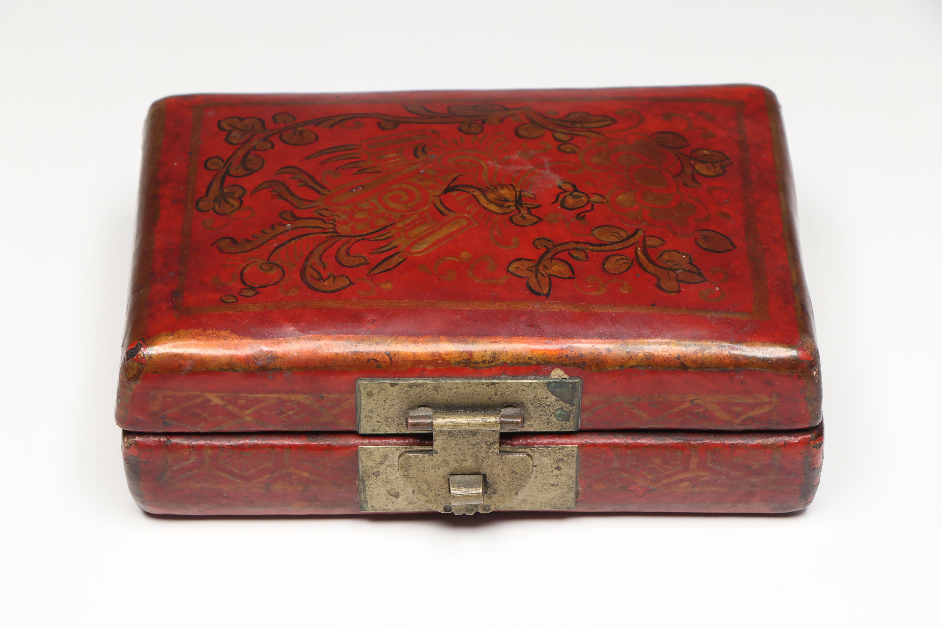East Asian Lacquerware and Wood Veneer Boxes with Chalkware Musician Figurines