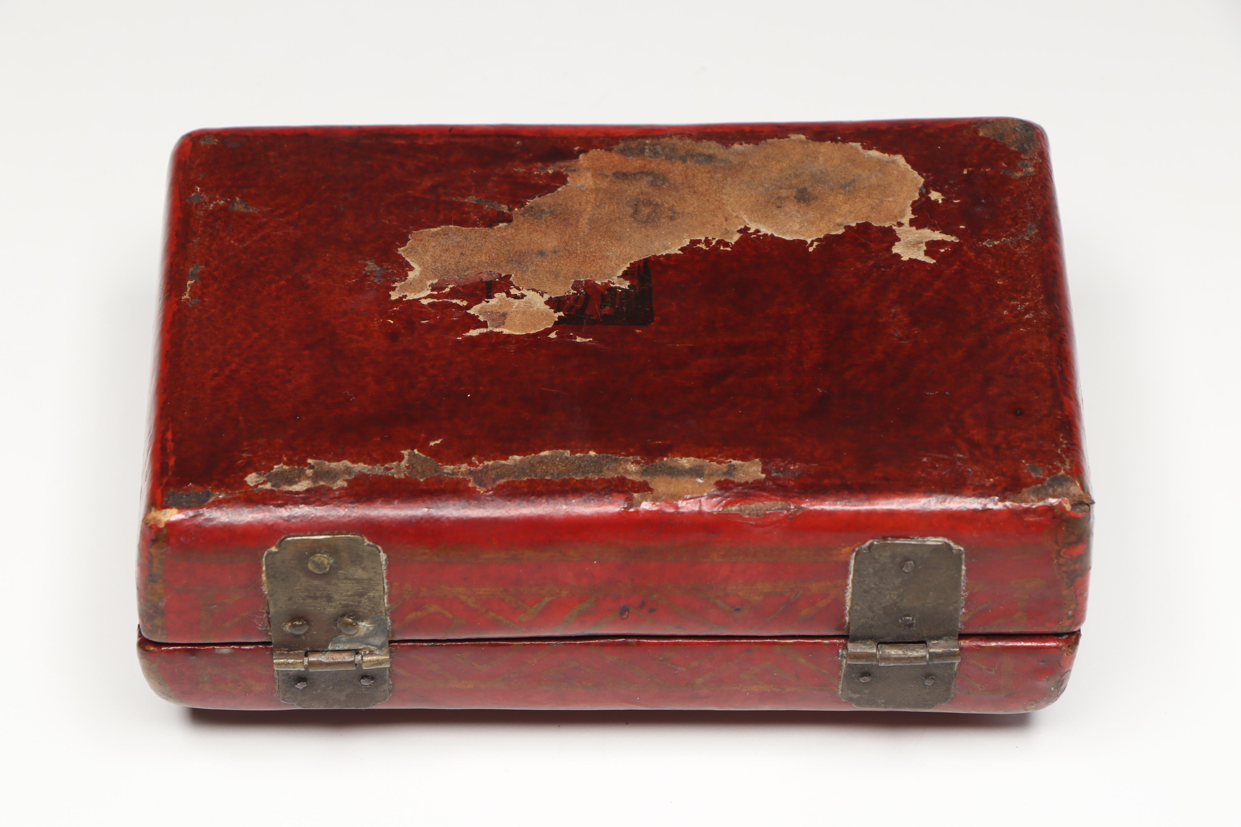 East Asian Lacquerware and Wood Veneer Boxes with Chalkware Musician Figurines