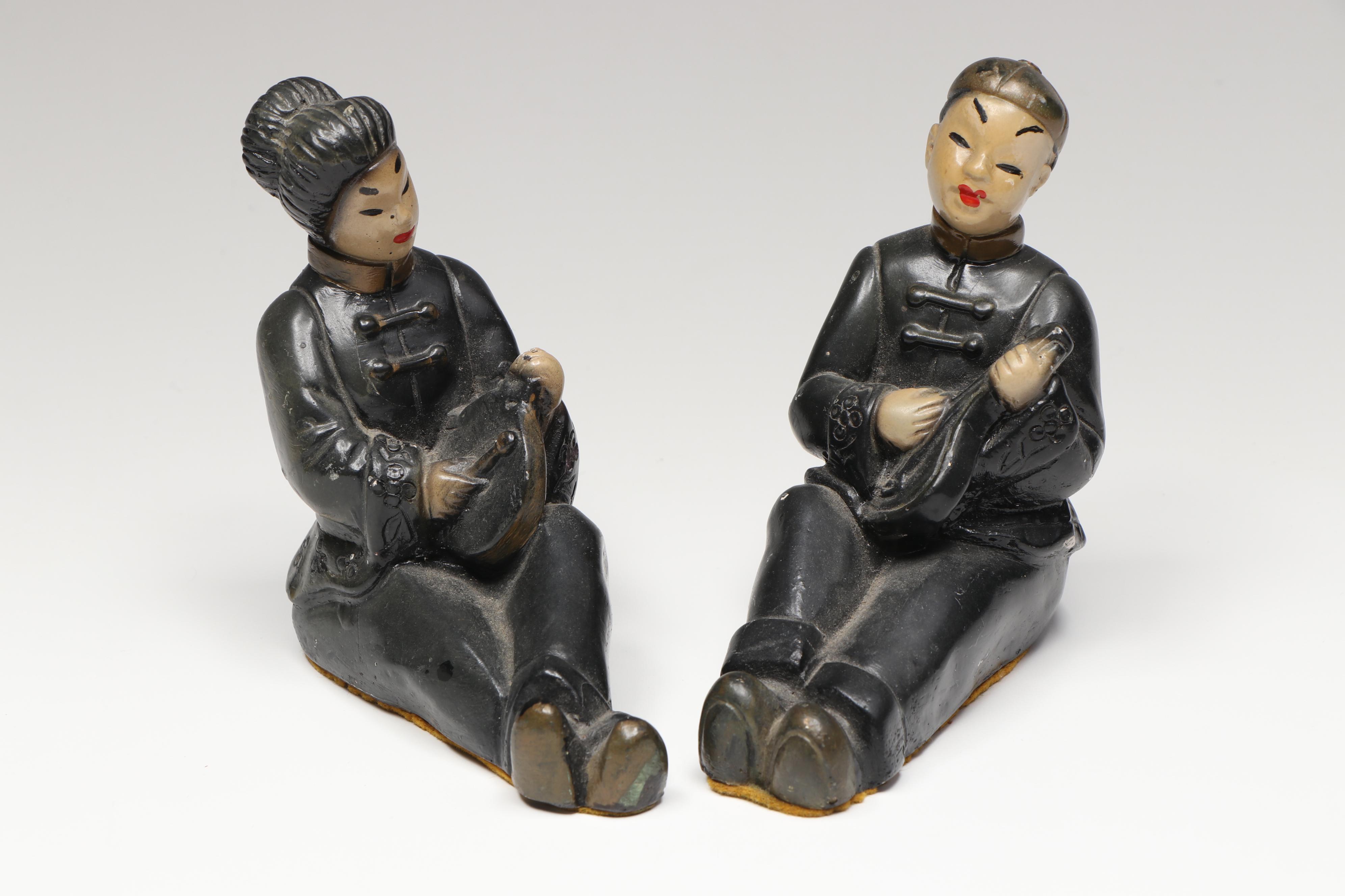 East Asian Lacquerware and Wood Veneer Boxes with Chalkware Musician Figurines