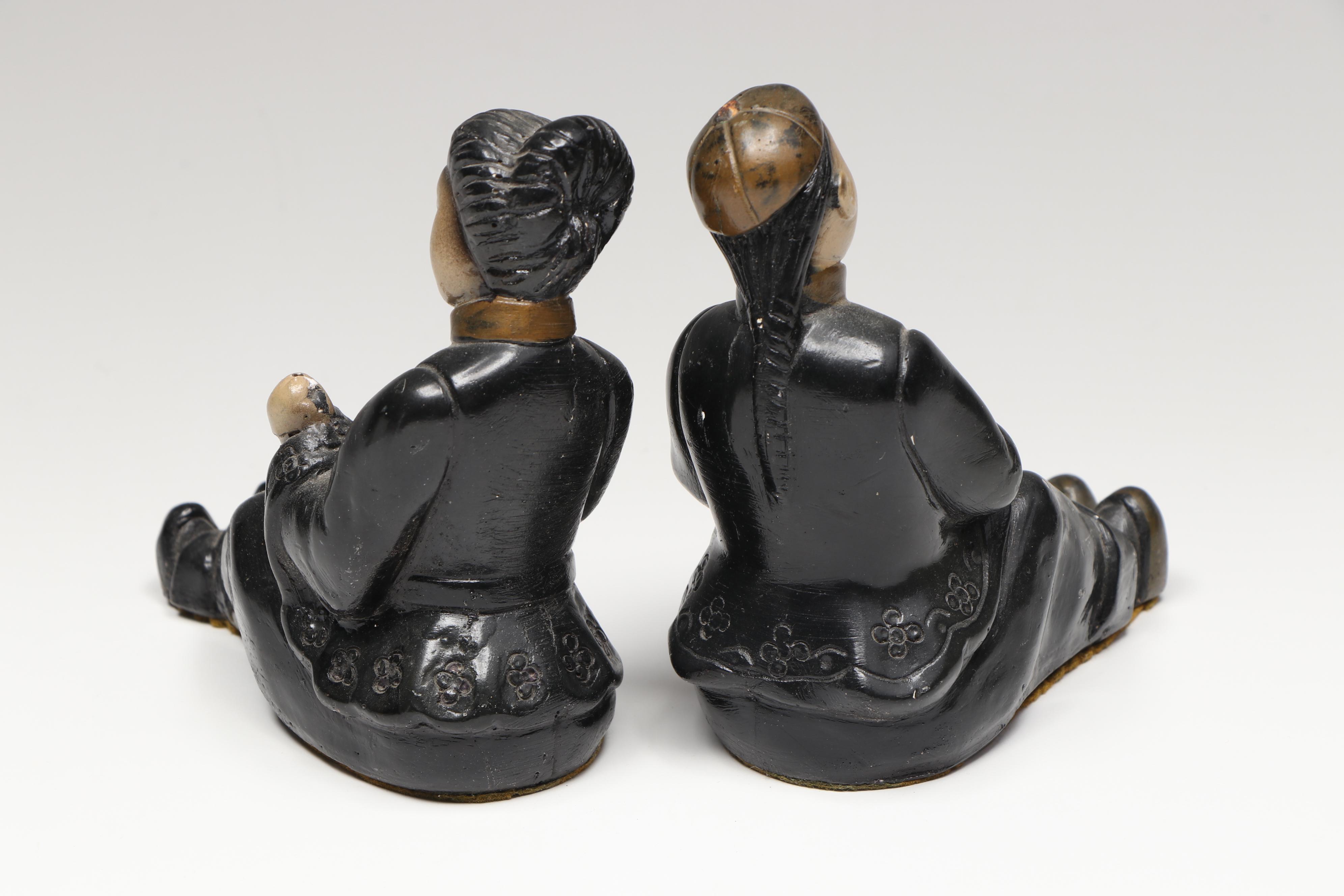 East Asian Lacquerware and Wood Veneer Boxes with Chalkware Musician Figurines