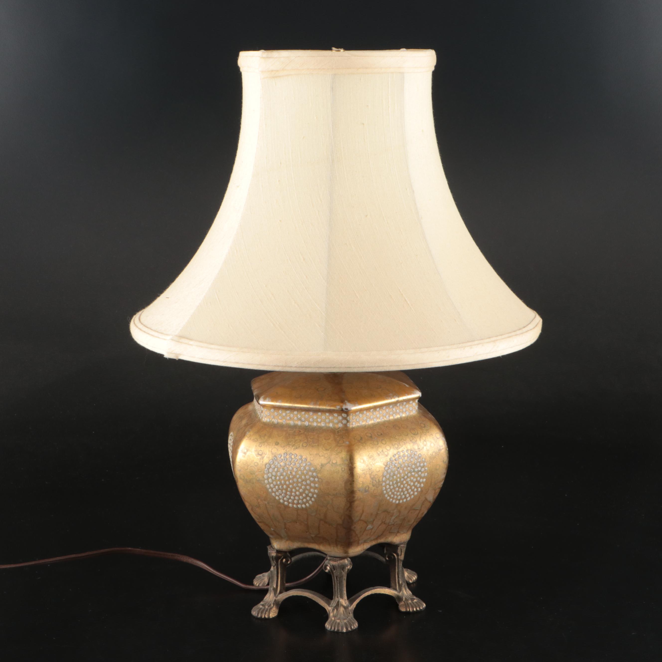 Chinese Gold Gilt Ceramic Table Lamp on Brass Base with Fabric Shade