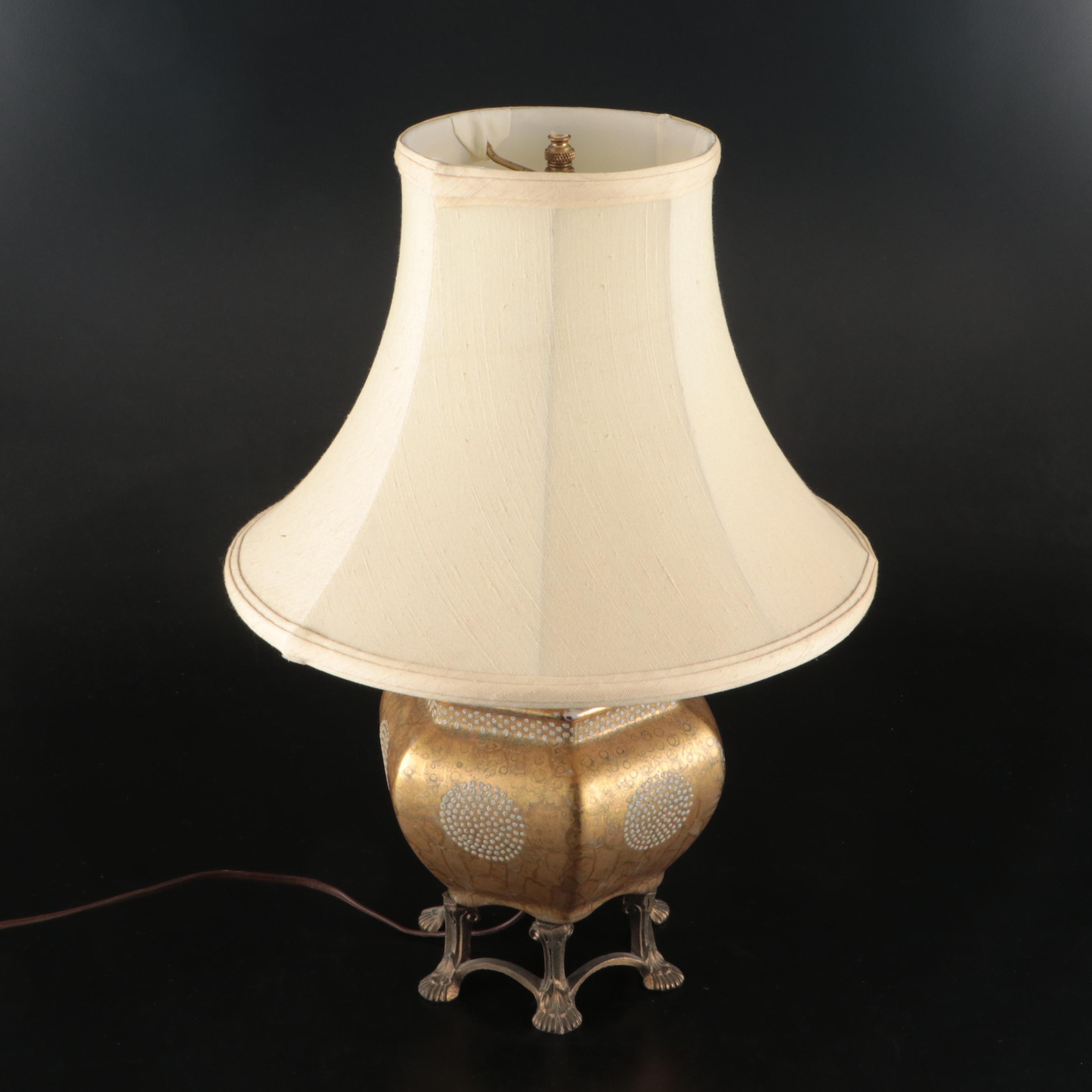 Chinese Gold Gilt Ceramic Table Lamp on Brass Base with Fabric Shade