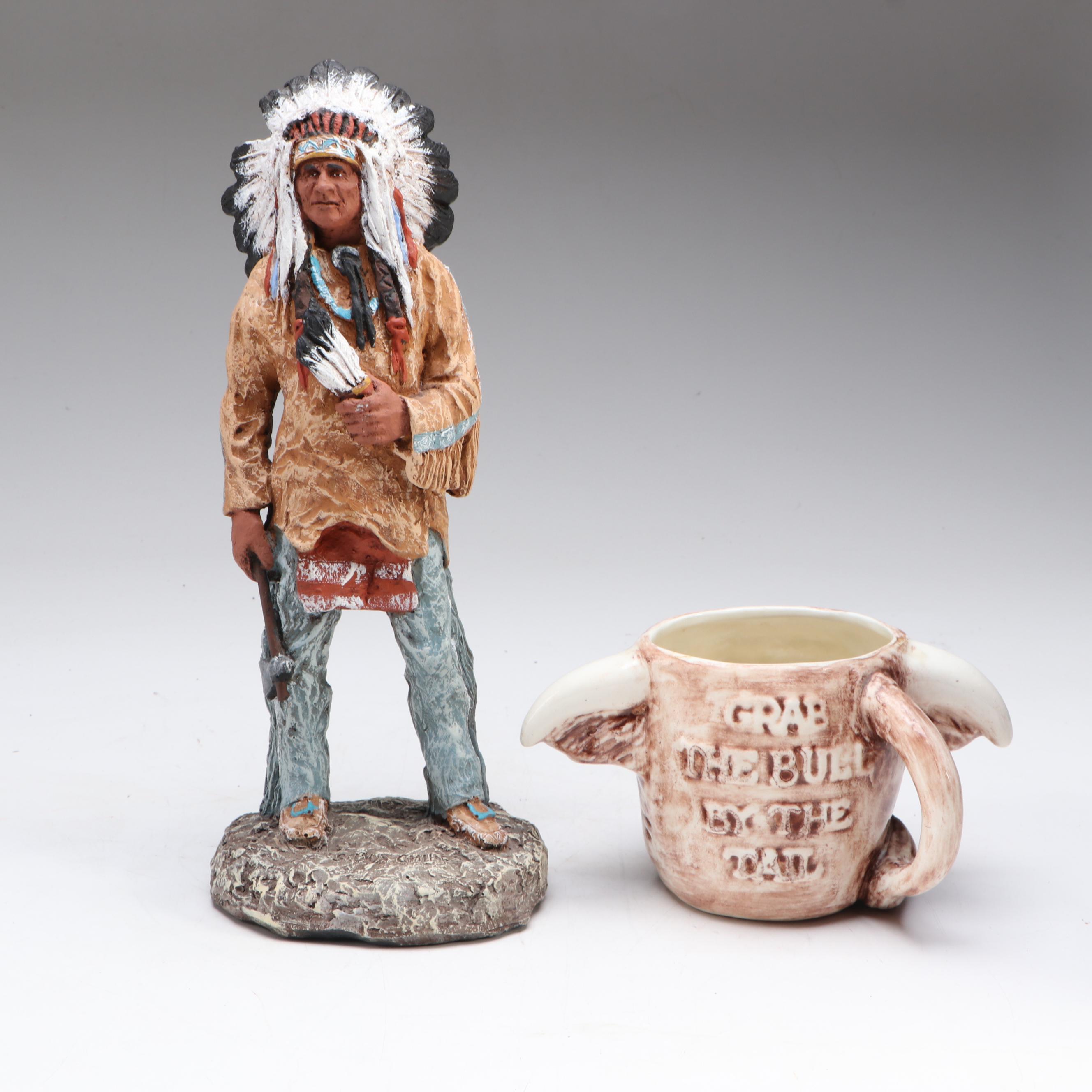 Daniel Monfort "Sioux Chief" Sculpture with Bovine Mug and Table Accessories