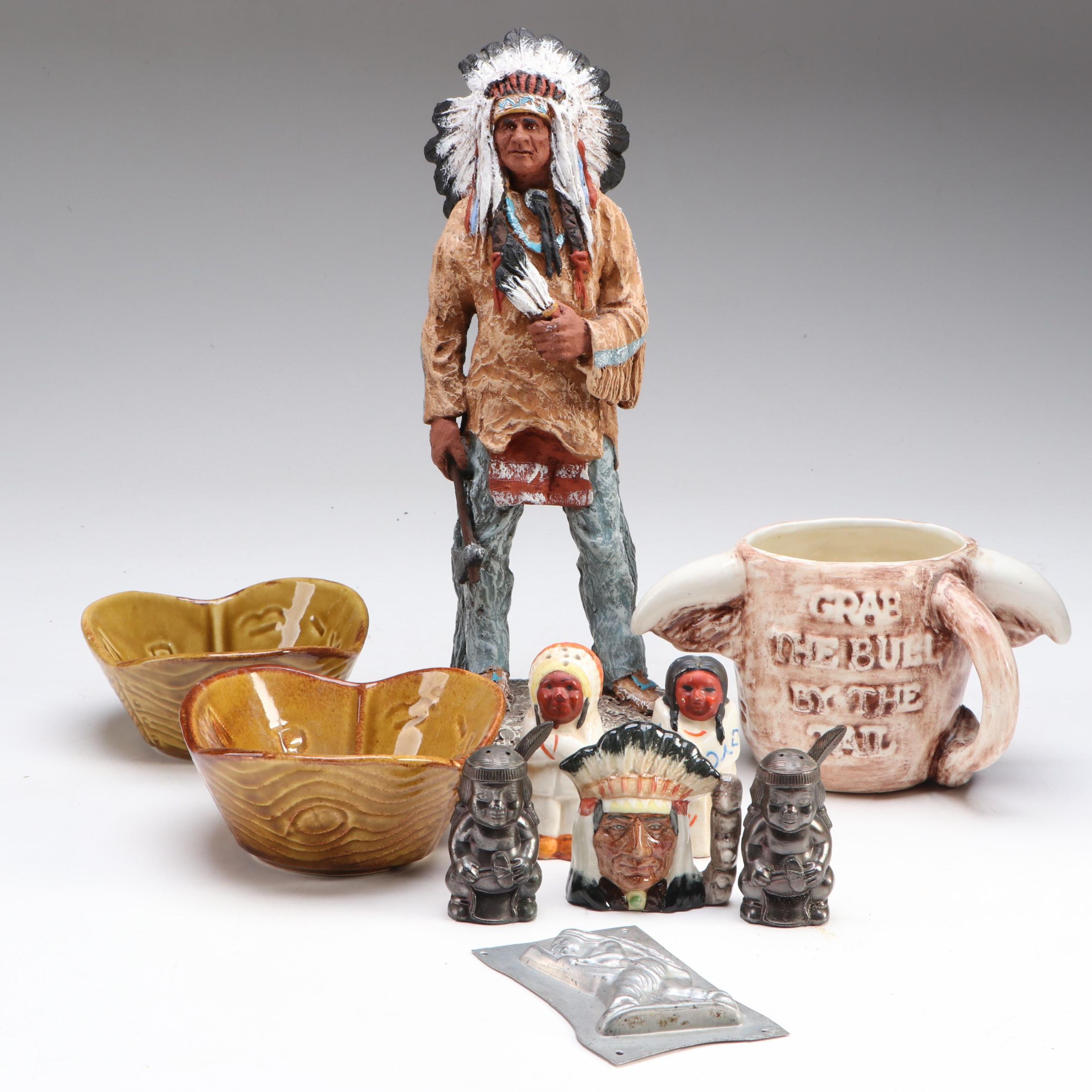 Daniel Monfort "Sioux Chief" Sculpture with Bovine Mug and Table Accessories