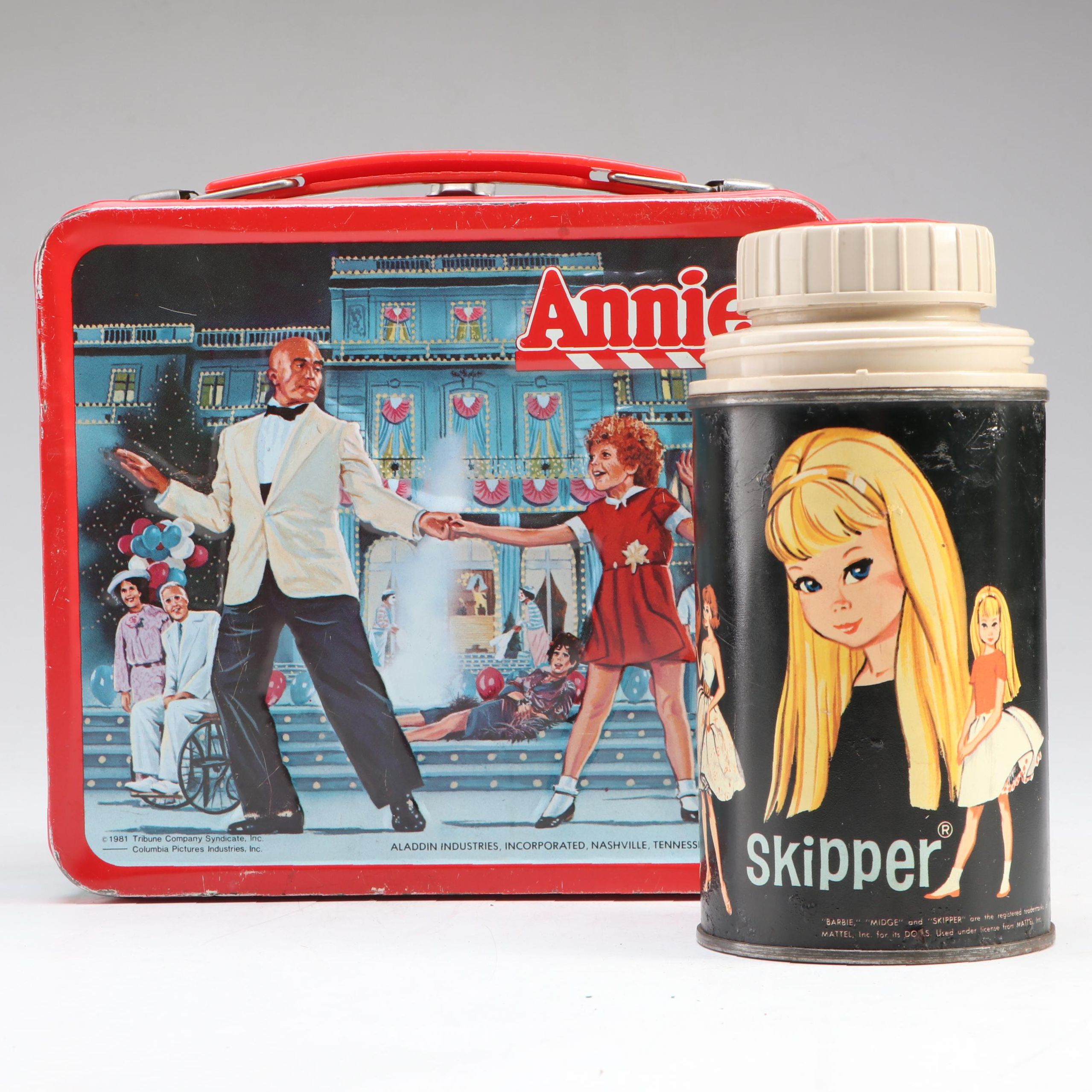 Mattel Barbie, Midge, and Skipper Thermos with Aladdin "Annie" Tin Lunchbox