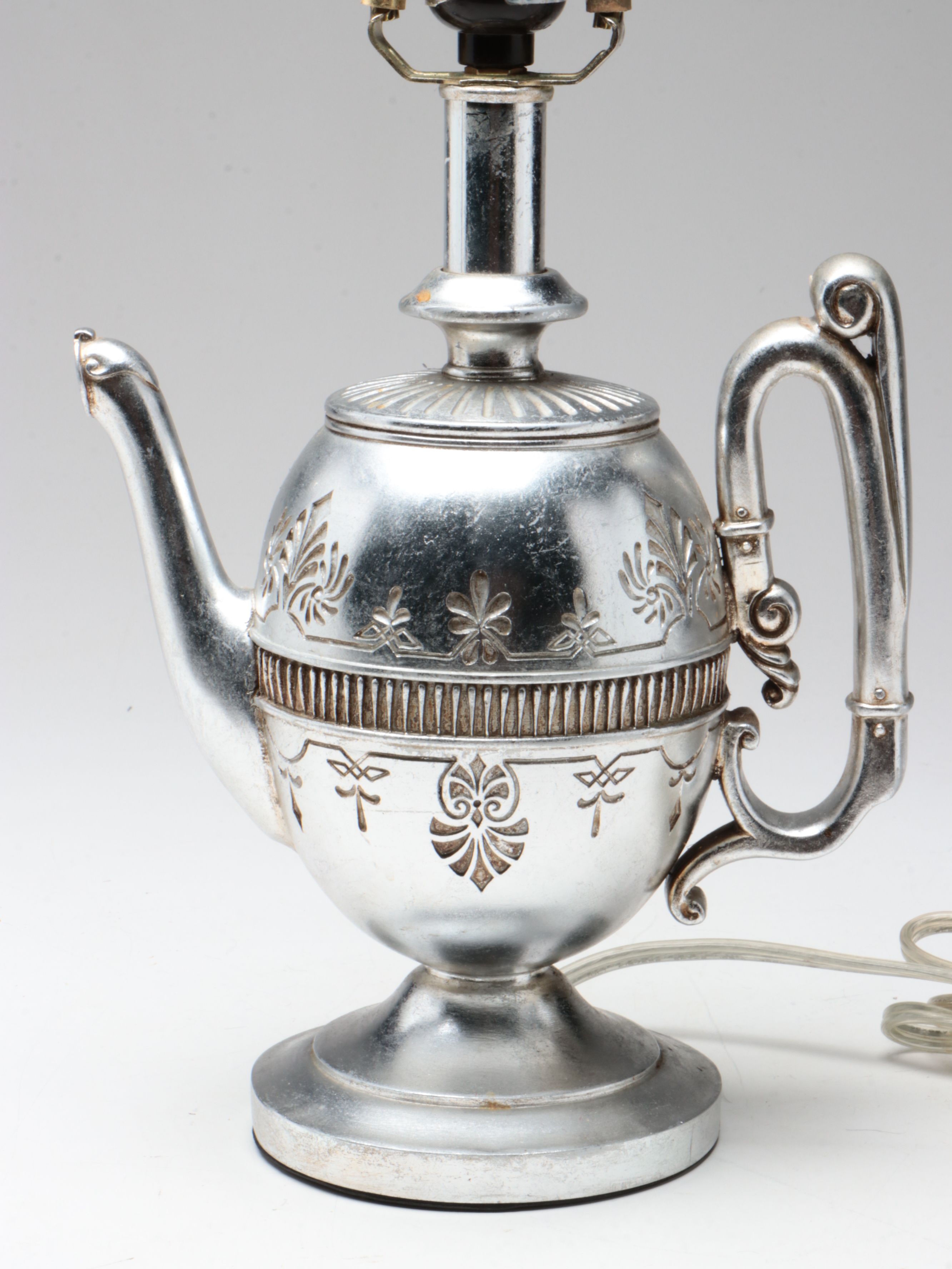 Chrome Finish Teapot Plaster Table Lamp with Ruffled Fabric Shade