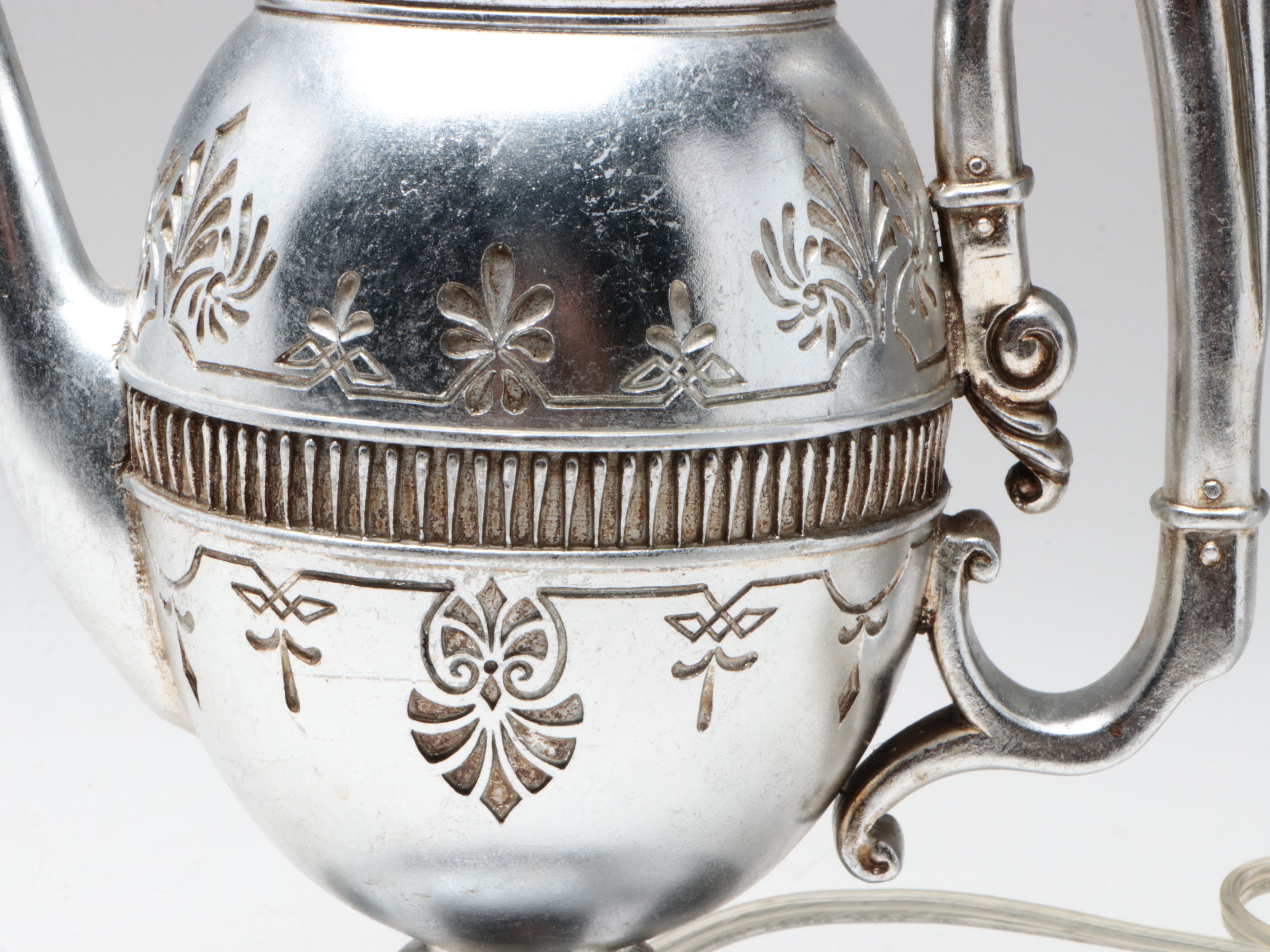 Chrome Finish Teapot Plaster Table Lamp with Ruffled Fabric Shade