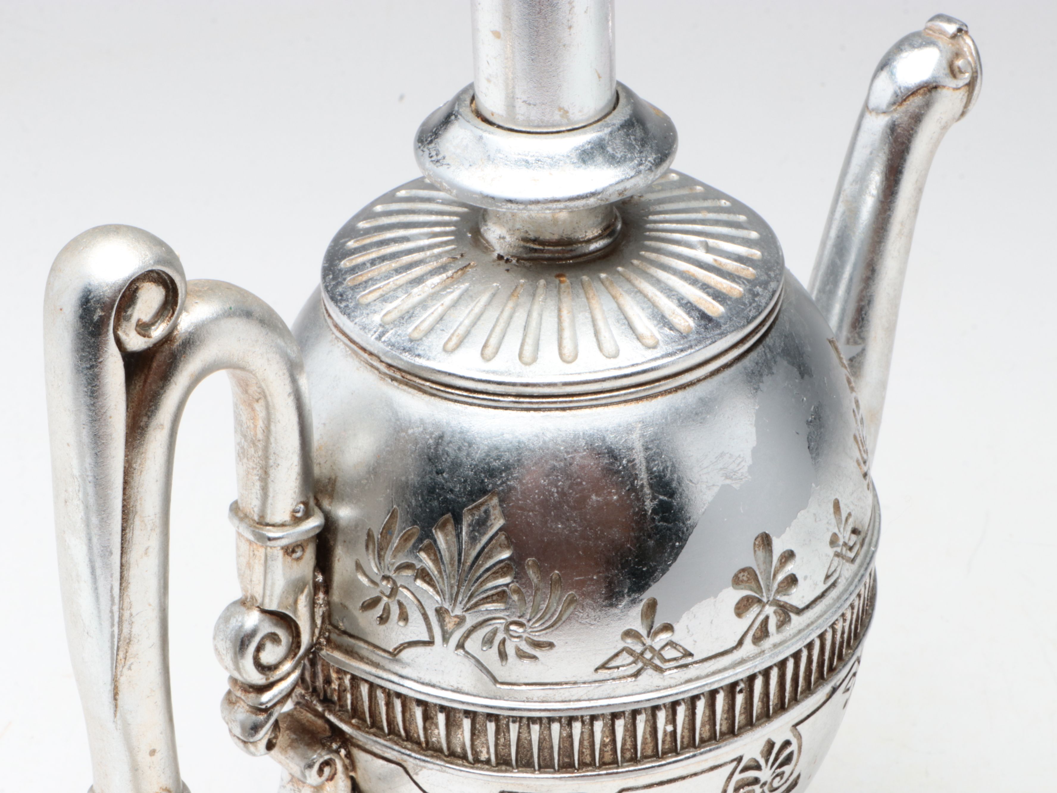 Chrome Finish Teapot Plaster Table Lamp with Ruffled Fabric Shade