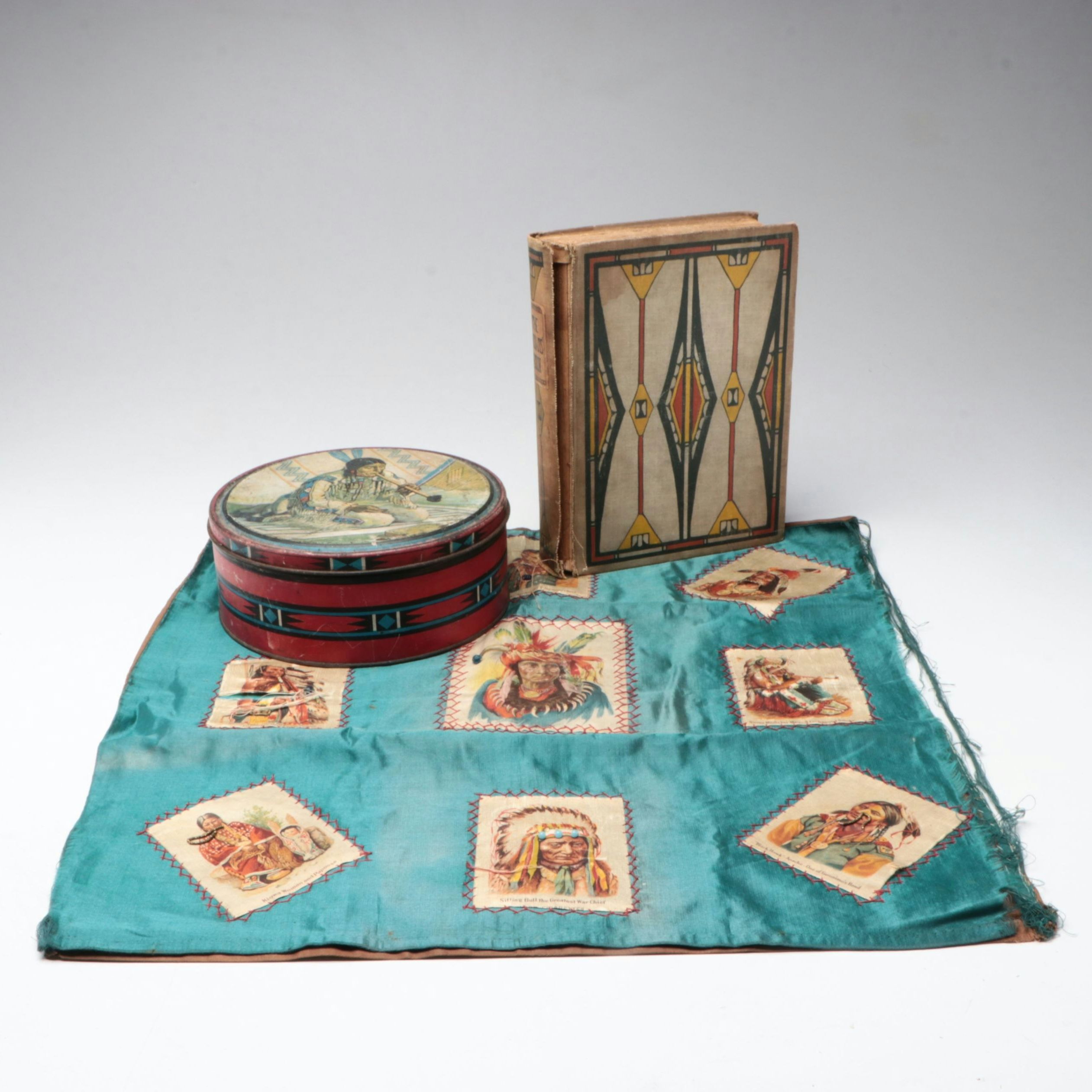 Sitting Bull and Other Stitched Tobacco Silks with Canco Tin Box and Book