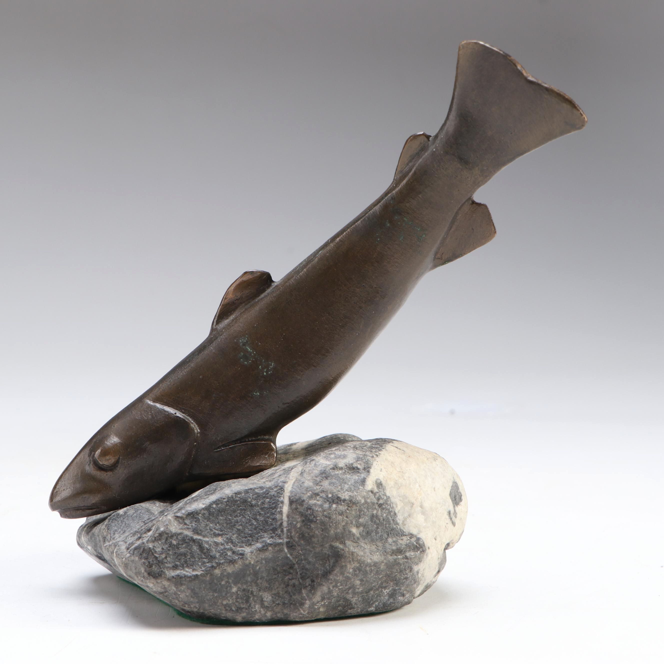 Art Deco Style Bronzed Metal Fish on Stone Base