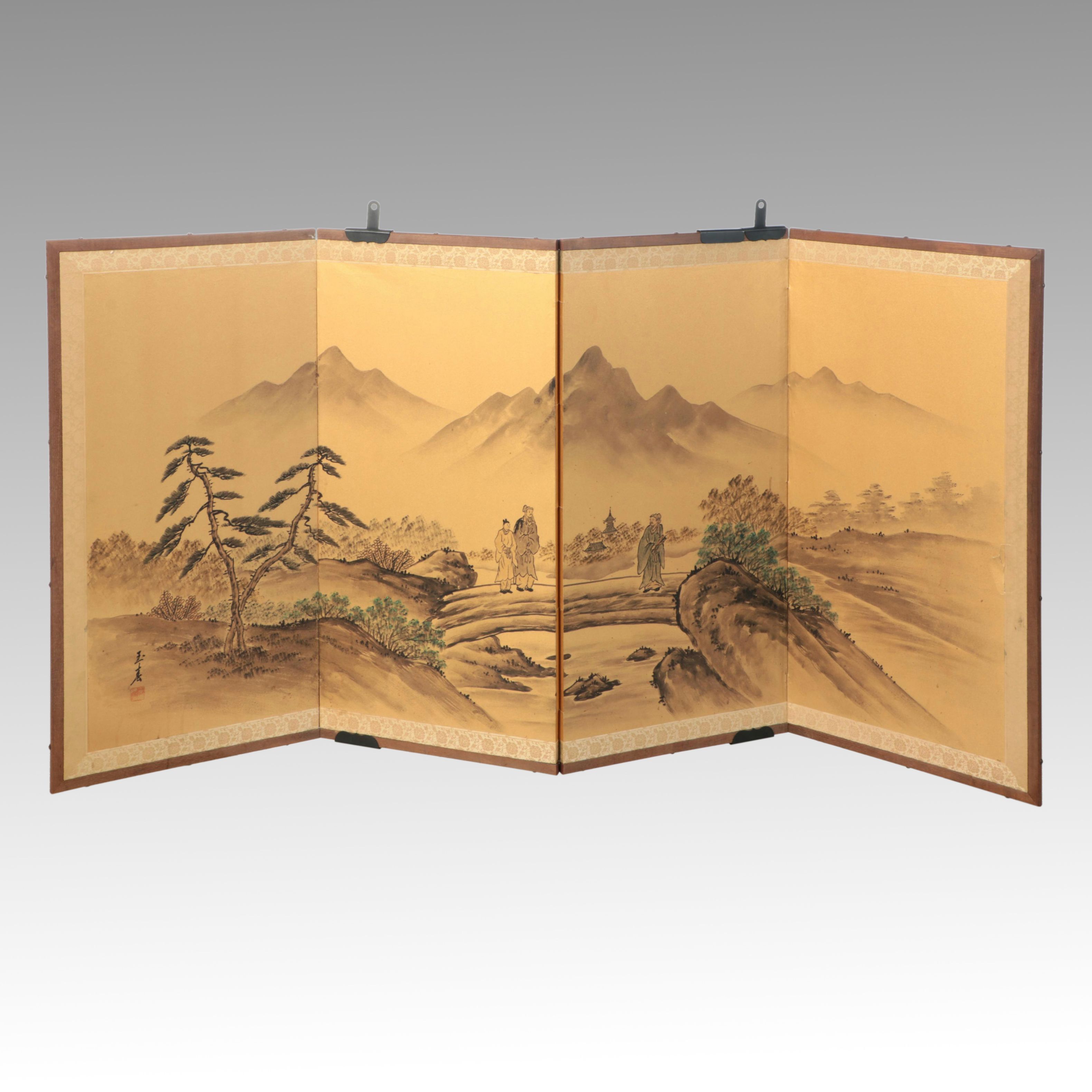 Japanese Hand-Painted Four-Panel Byōbu