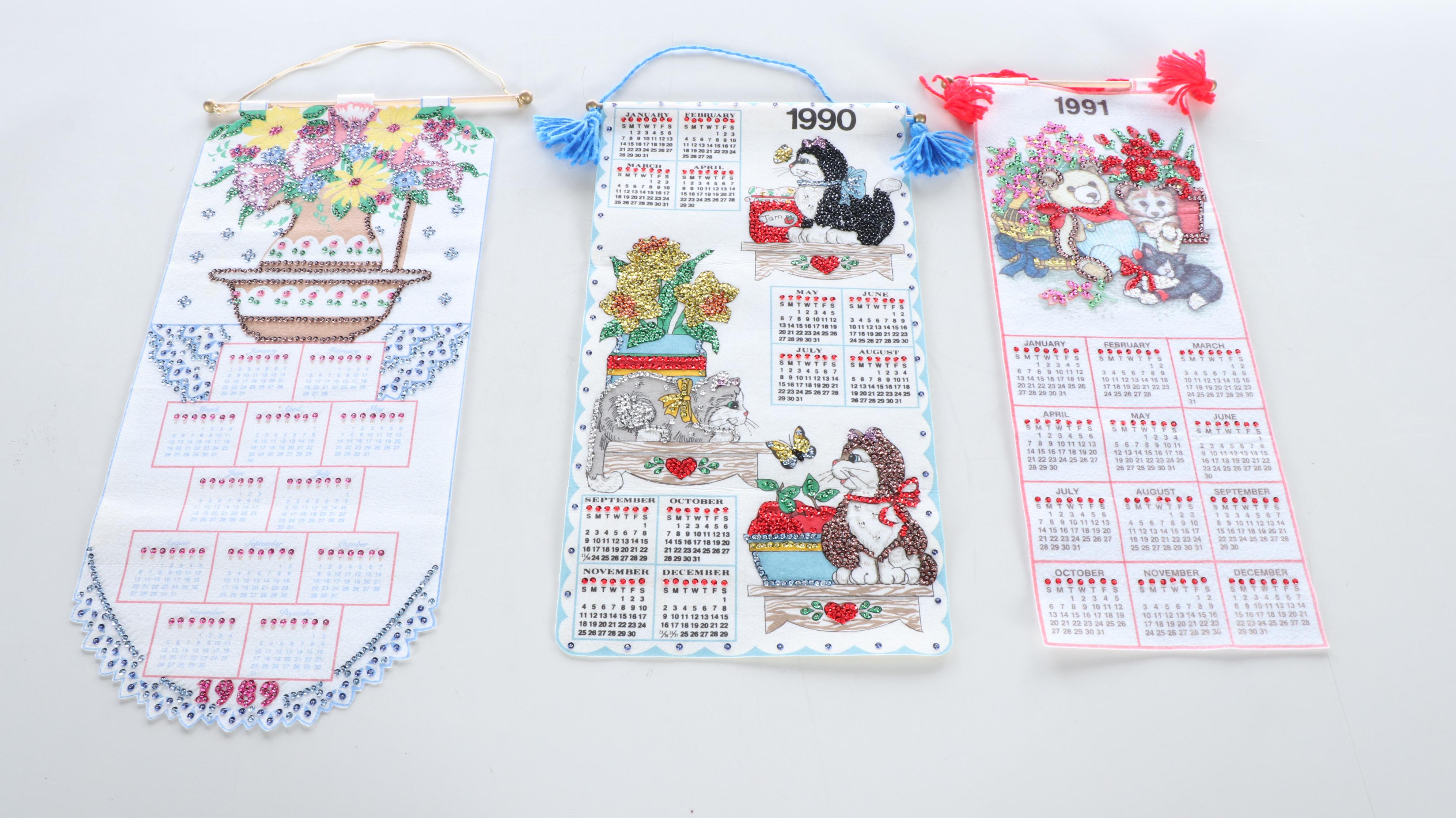 Cats, Perching Owls, Angels and Other Embellished Fabric Wall Calendars, 1990s