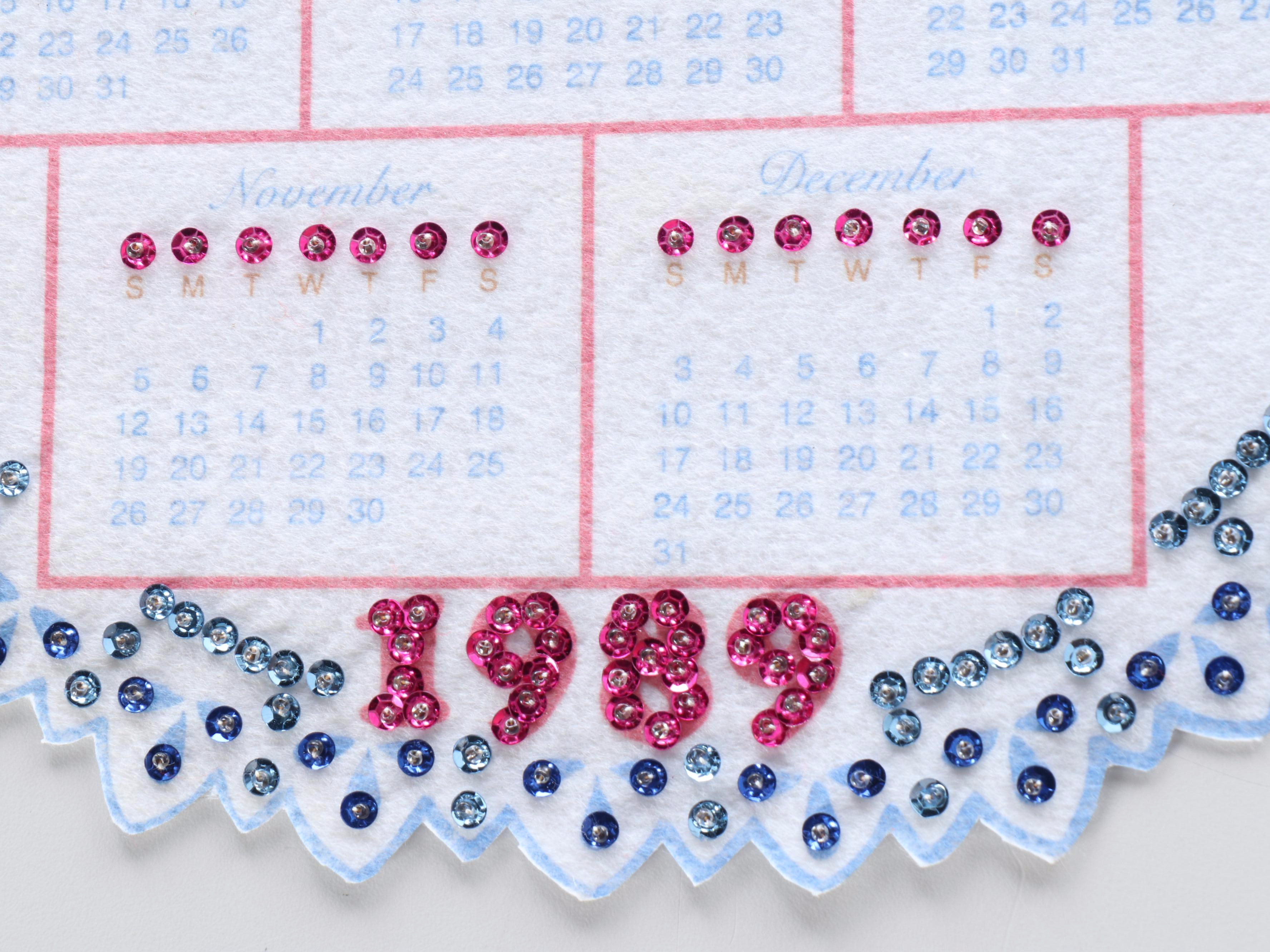 Cats, Perching Owls, Angels and Other Embellished Fabric Wall Calendars, 1990s