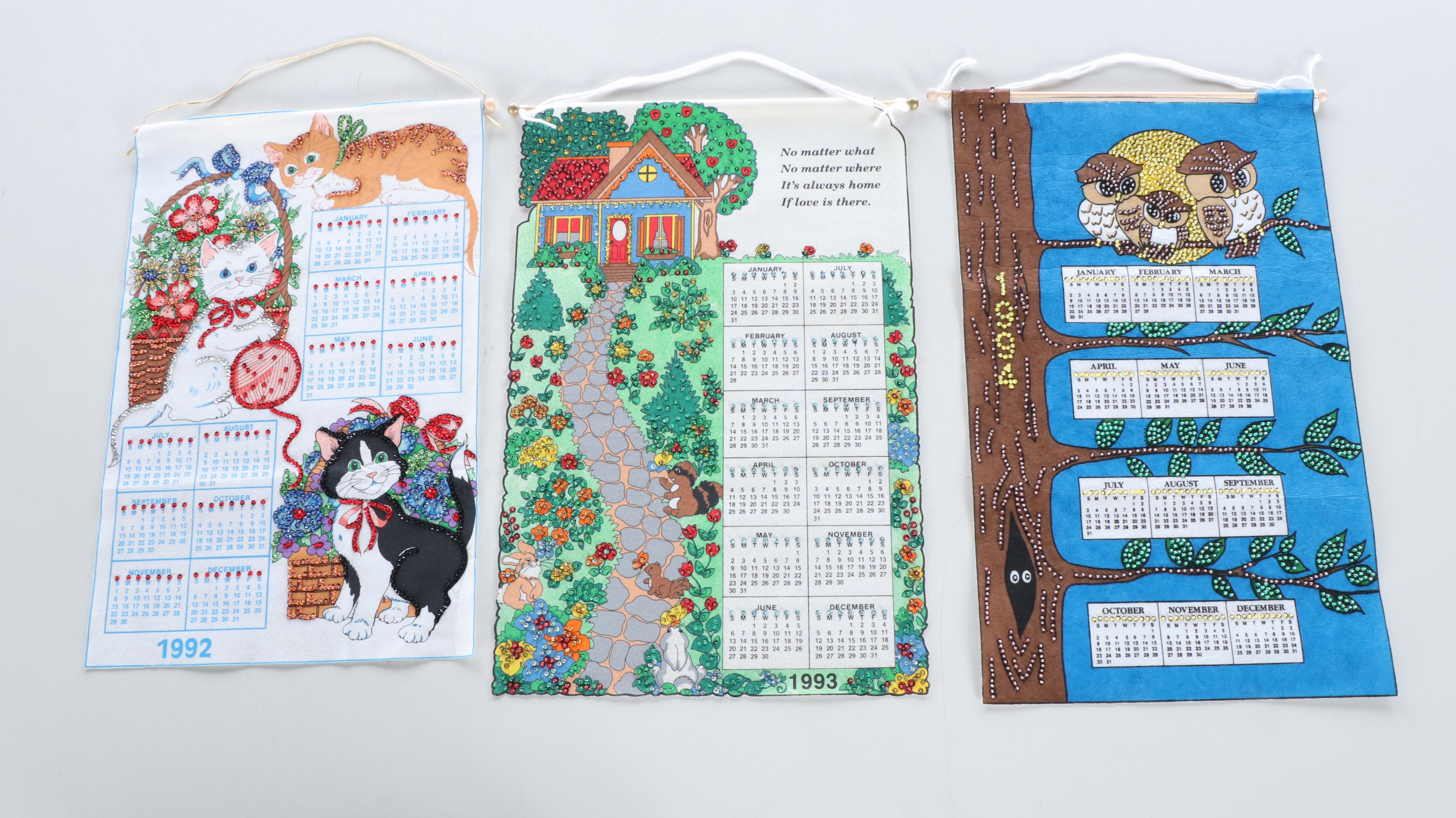 Cats, Perching Owls, Angels and Other Embellished Fabric Wall Calendars, 1990s