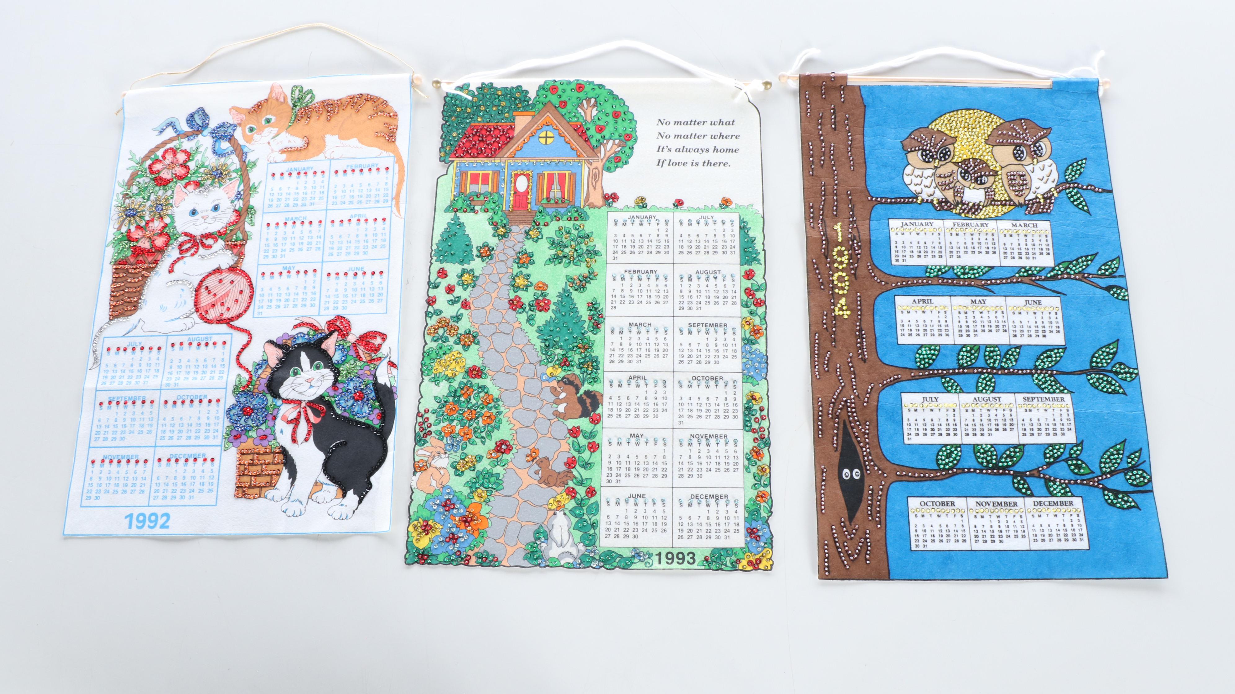 Cats, Perching Owls, Angels and Other Embellished Fabric Wall Calendars, 1990s