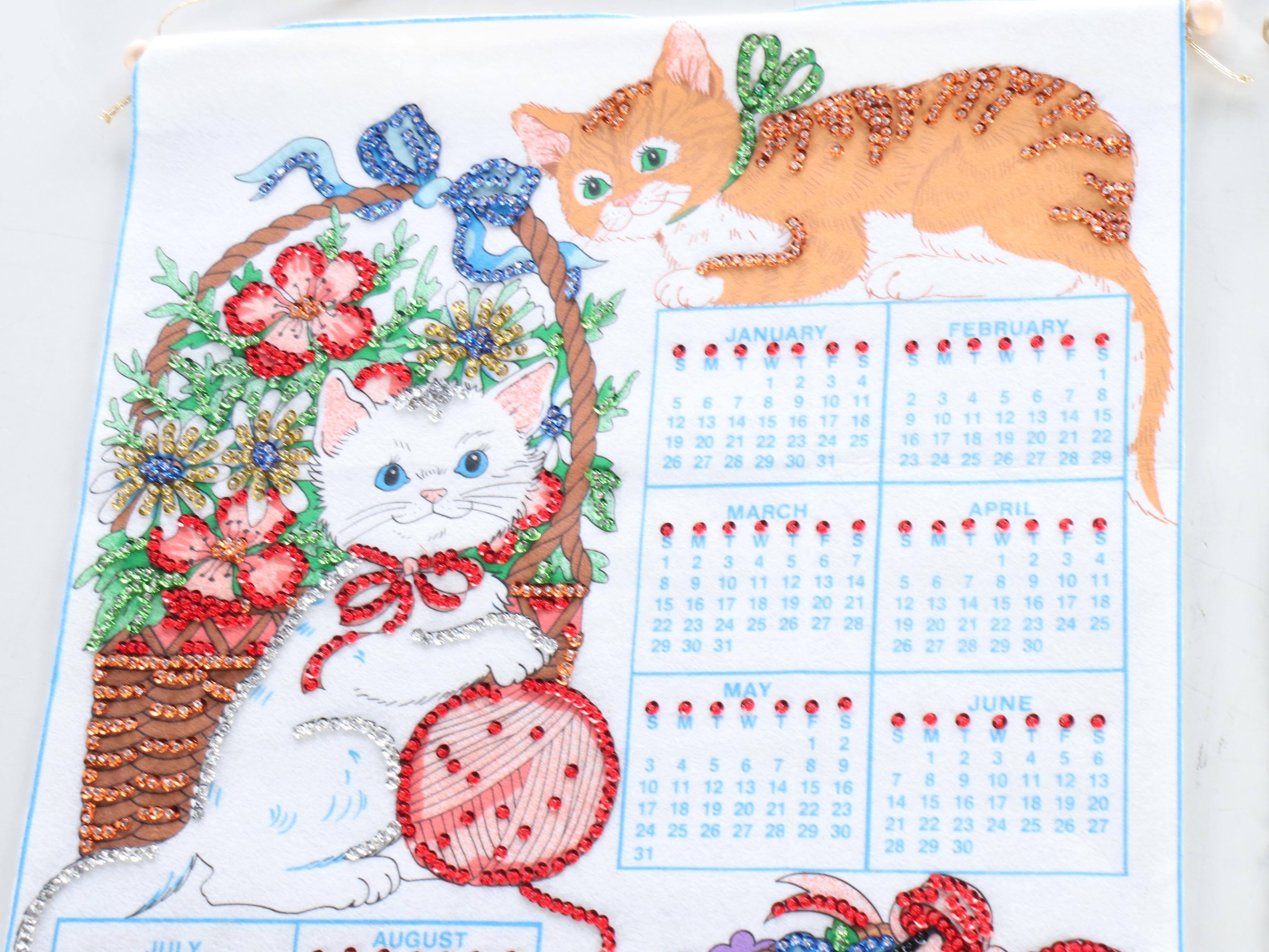 Cats, Perching Owls, Angels and Other Embellished Fabric Wall Calendars, 1990s