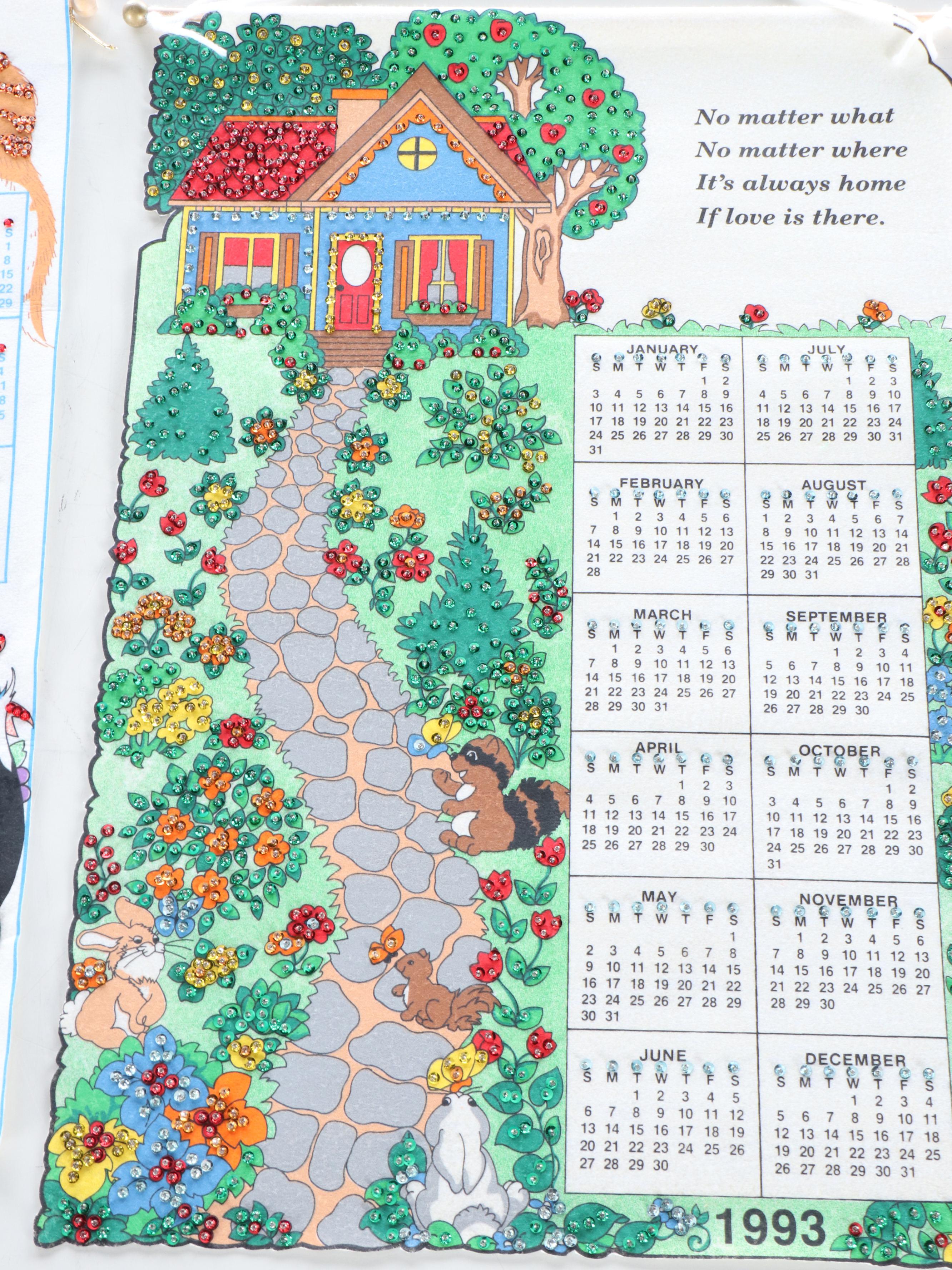 Cats, Perching Owls, Angels and Other Embellished Fabric Wall Calendars, 1990s