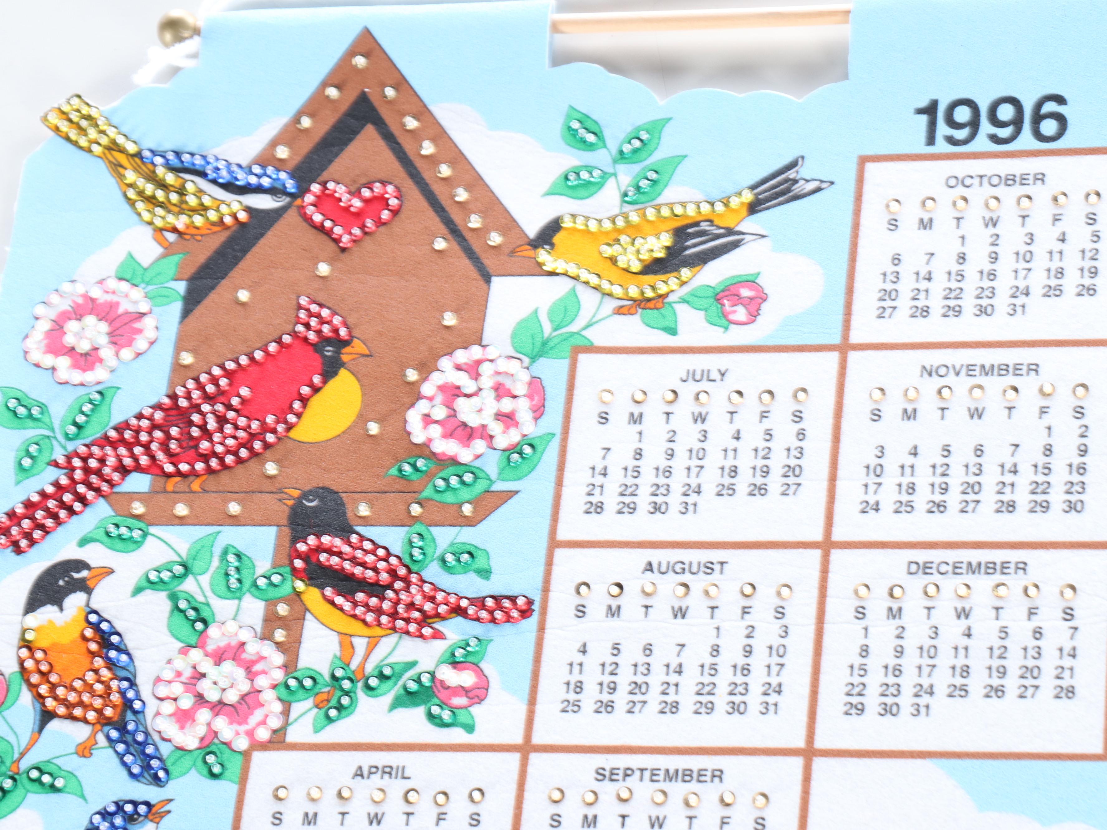 Cats, Perching Owls, Angels and Other Embellished Fabric Wall Calendars, 1990s
