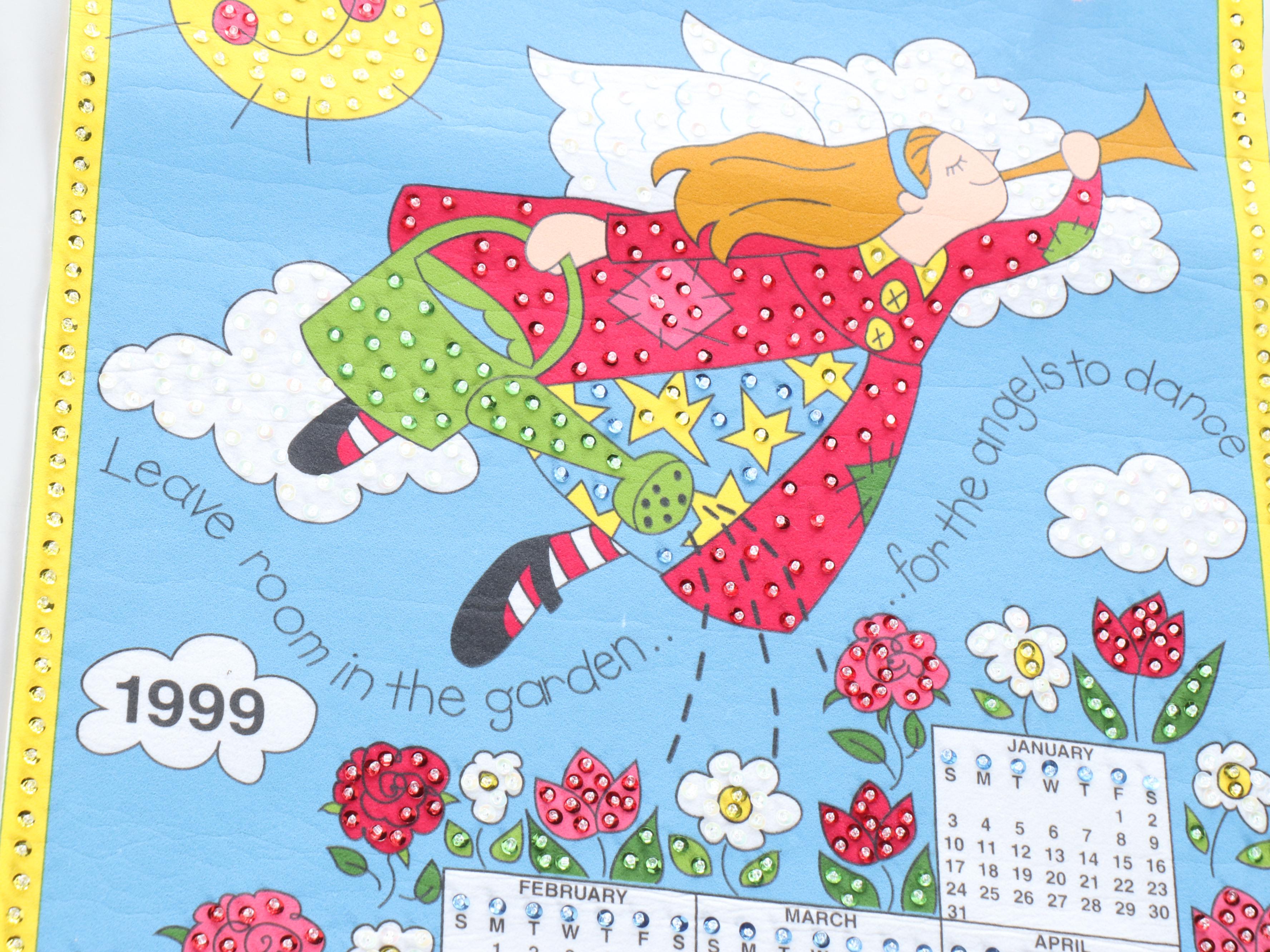 Cats, Perching Owls, Angels and Other Embellished Fabric Wall Calendars, 1990s