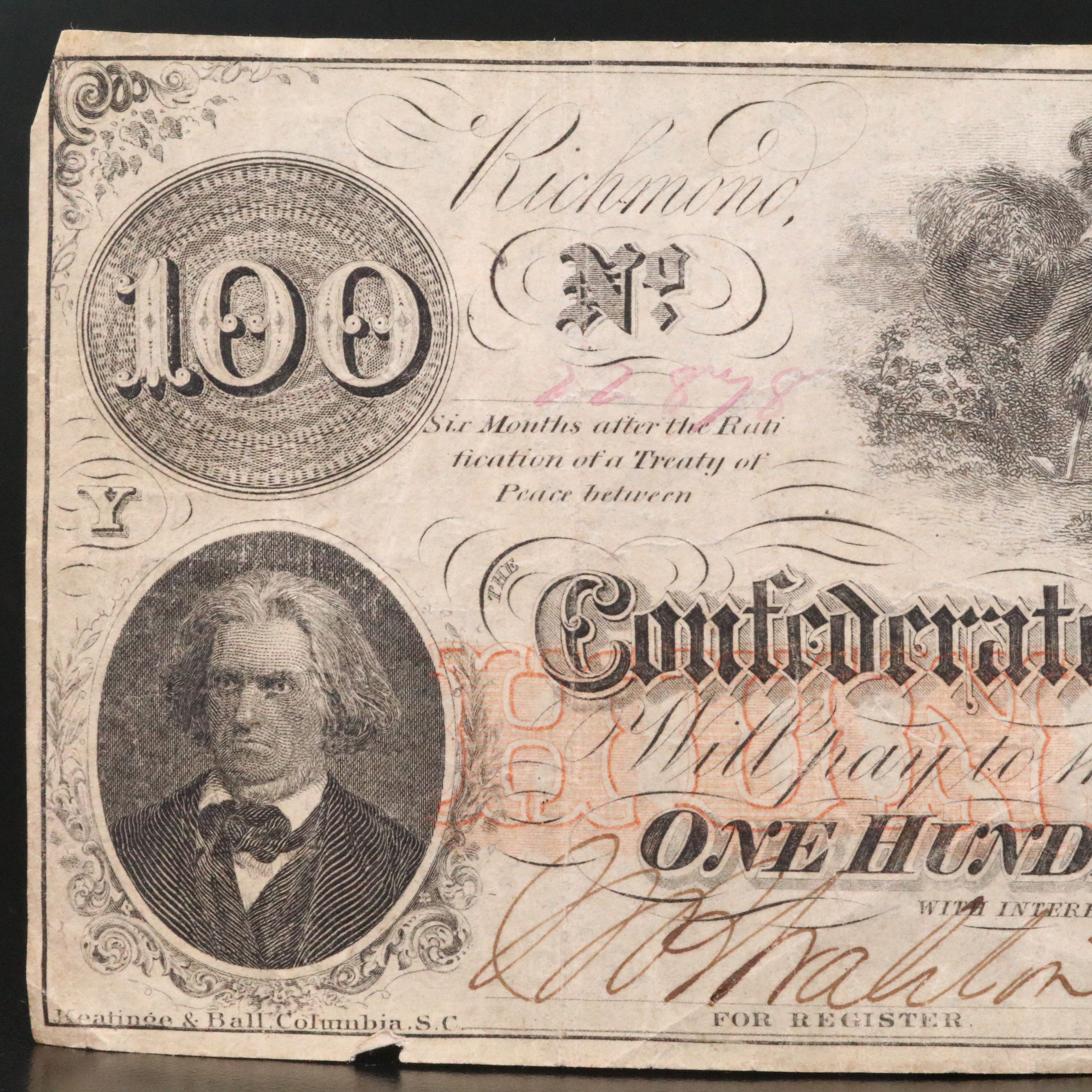 1862 $100 Confederate States of America Obsolete Currency Note
