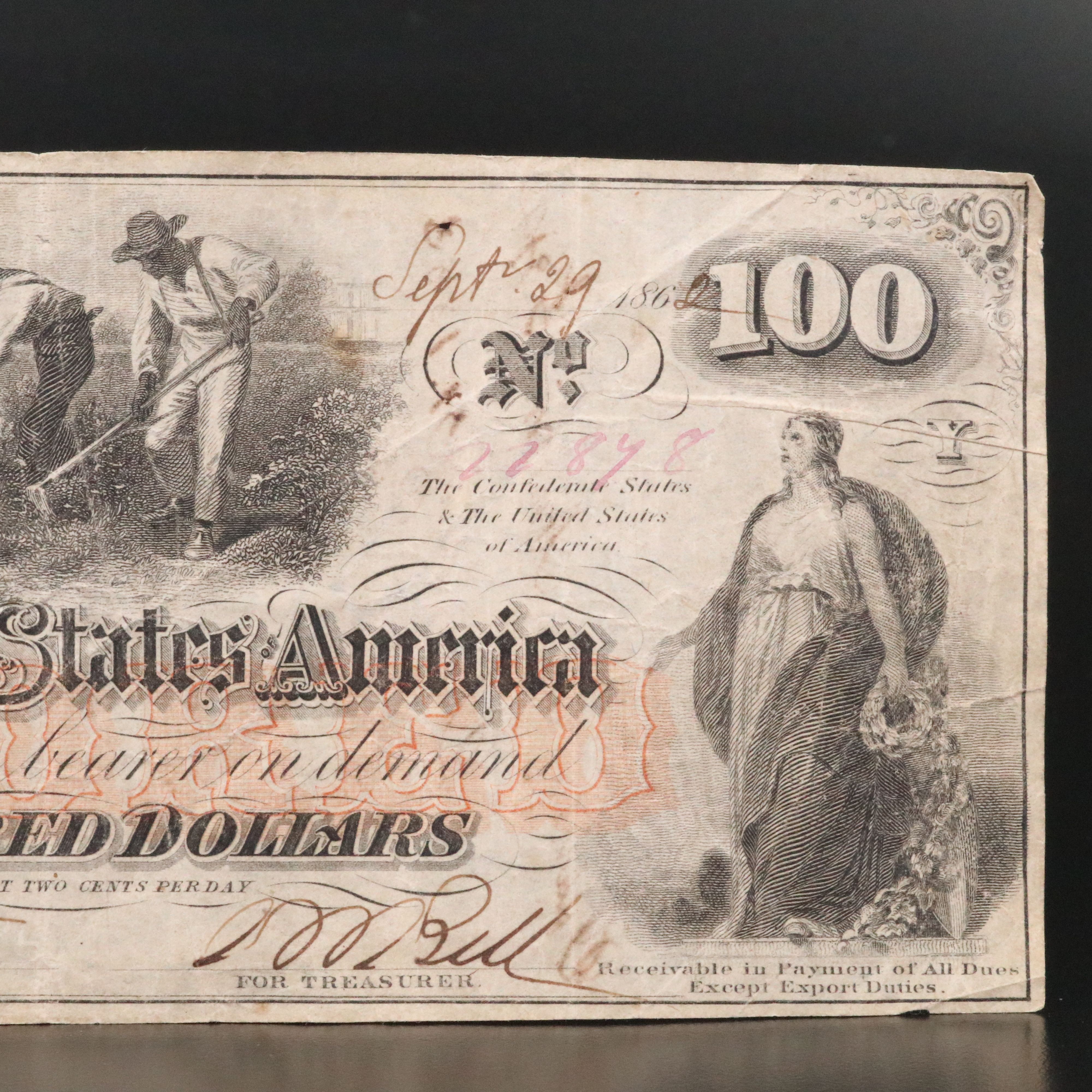1862 $100 Confederate States of America Obsolete Currency Note