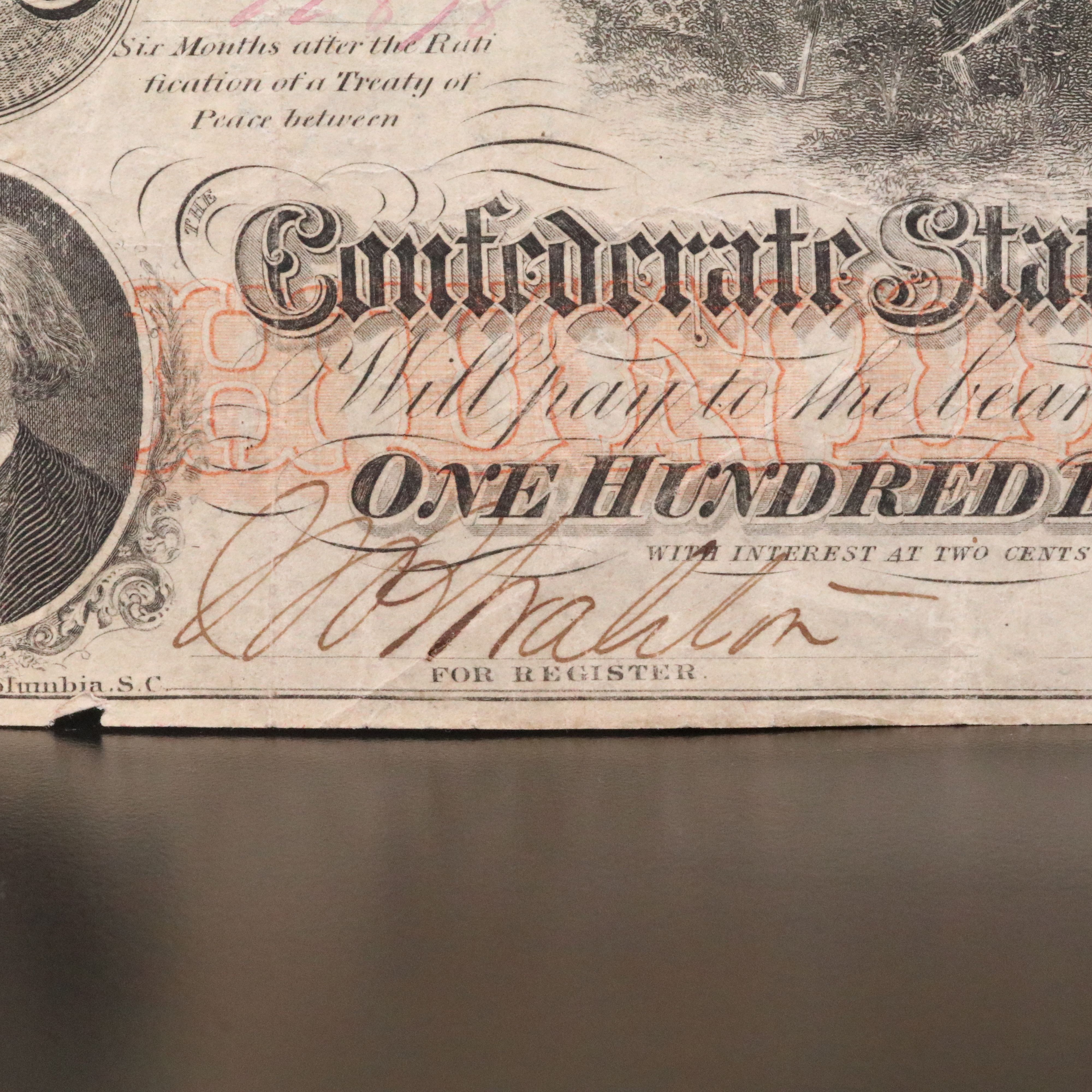 1862 $100 Confederate States of America Obsolete Currency Note