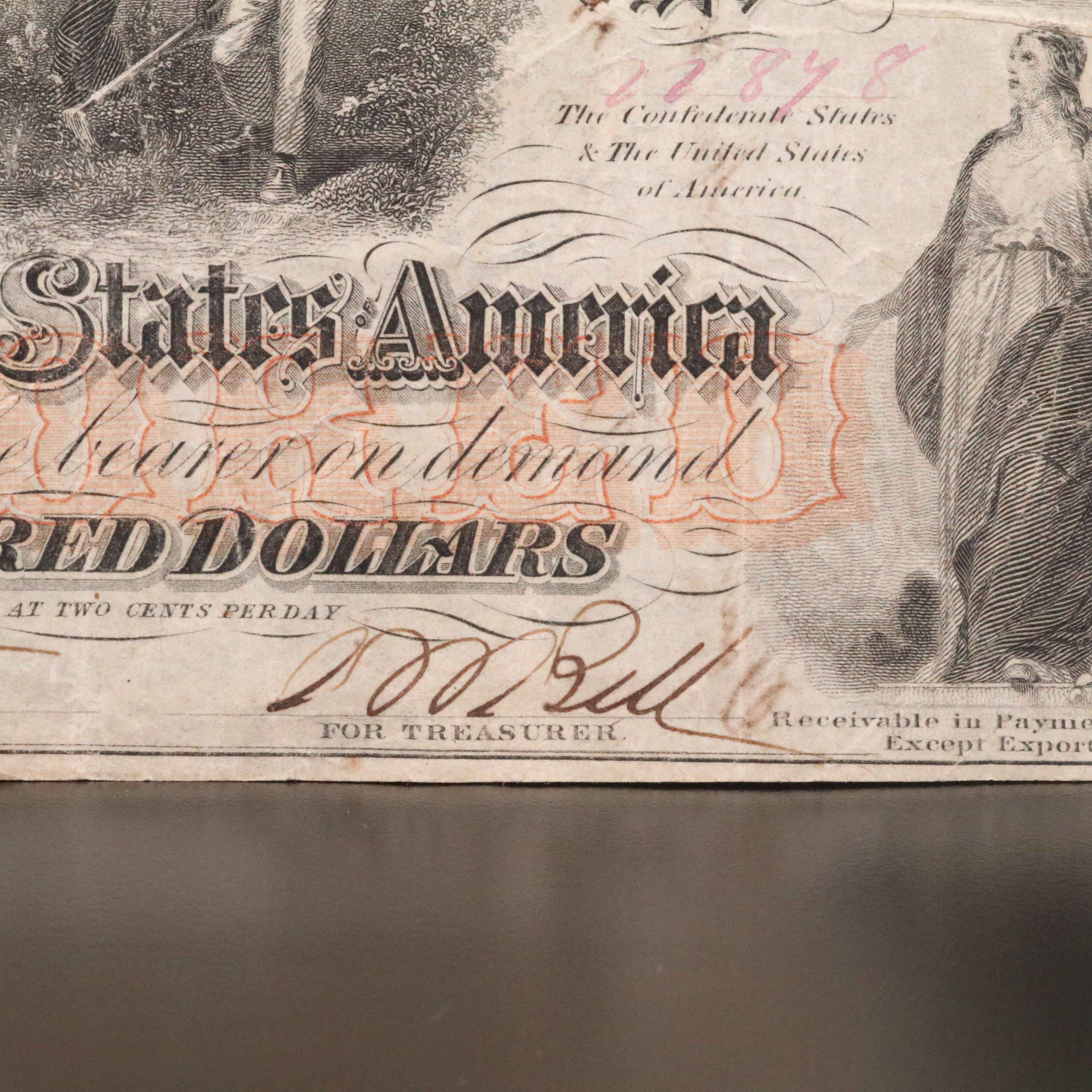 1862 $100 Confederate States of America Obsolete Currency Note
