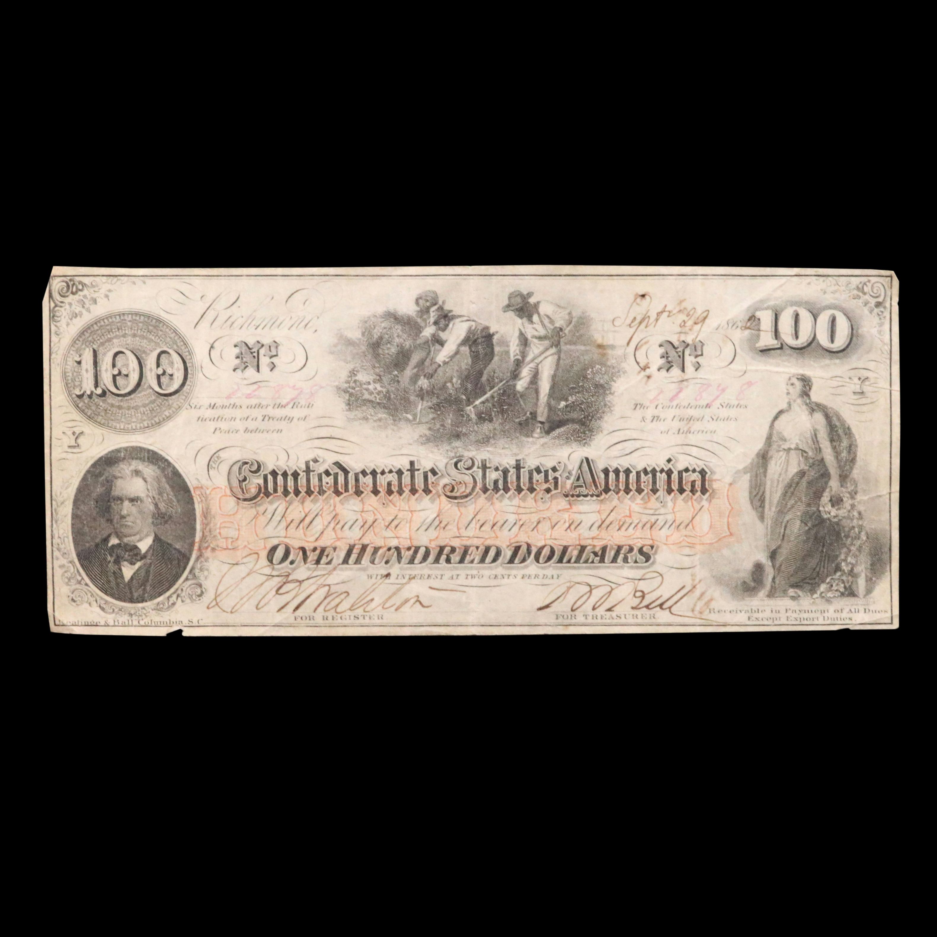 1862 $100 Confederate States of America Obsolete Currency Note