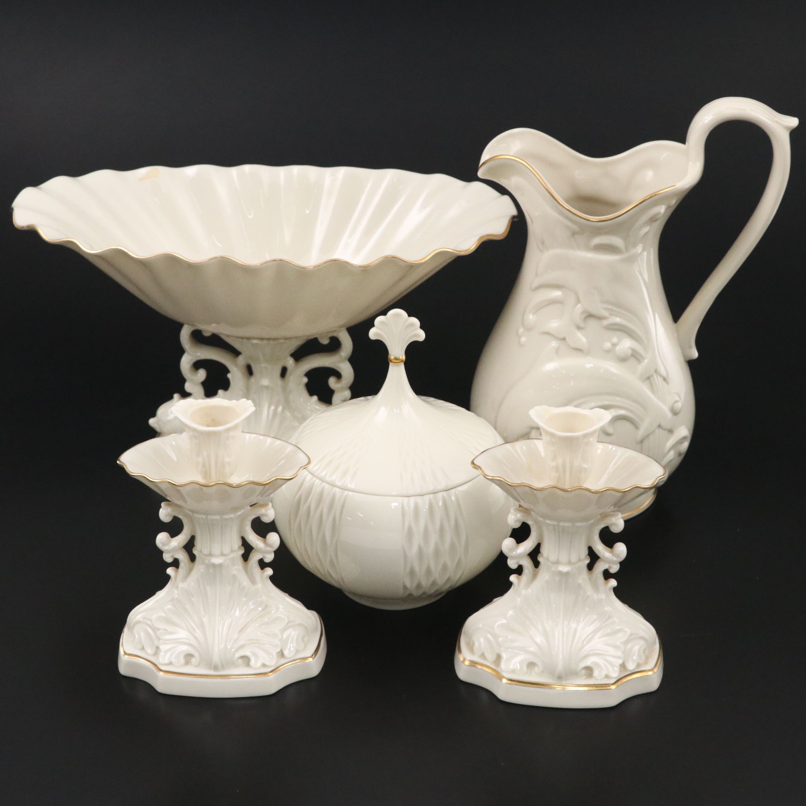 Lenox Porcelain Footed Bowl, Pitcher, Candle Holders, and Lidded Jar