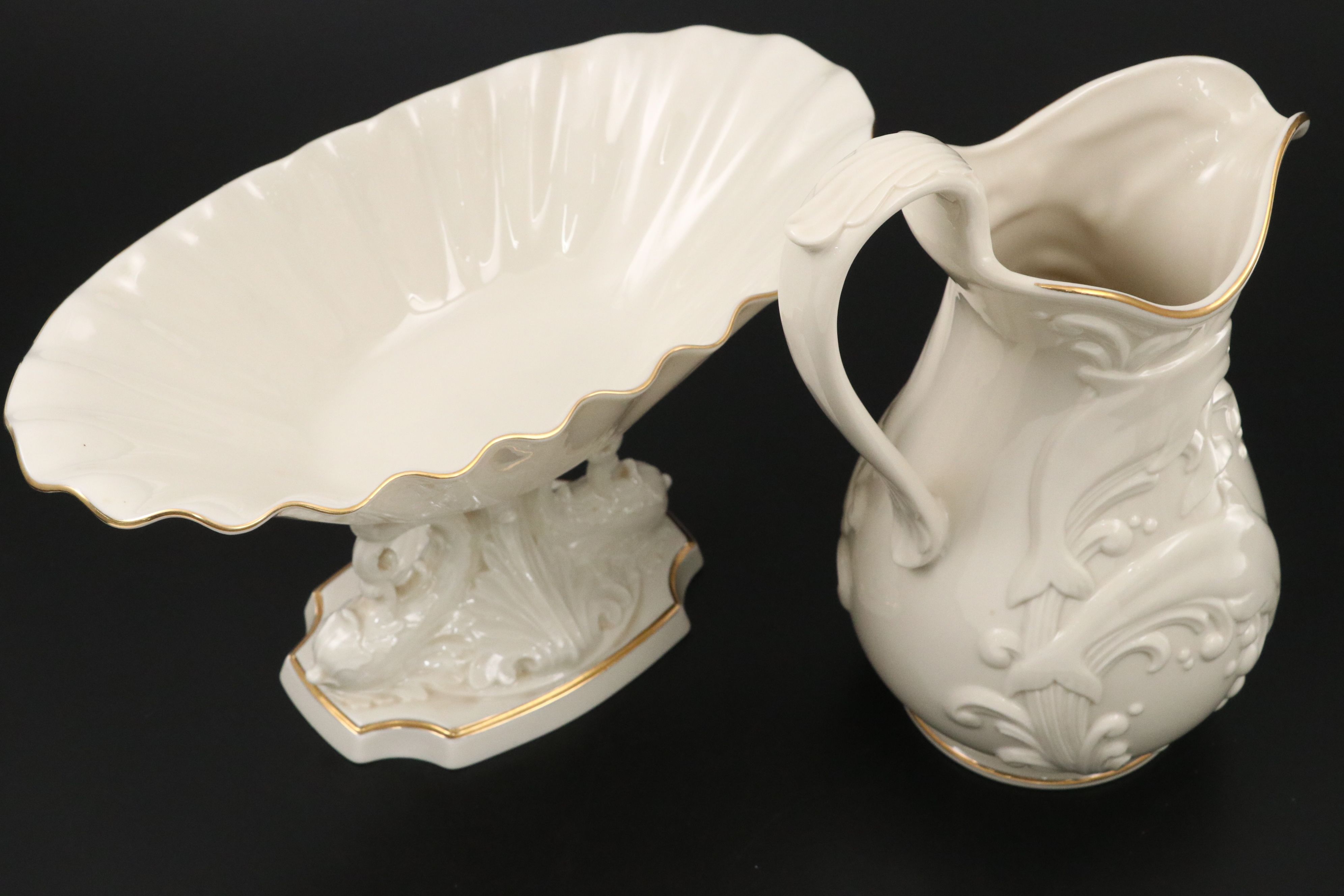 Lenox Porcelain Footed Bowl, Pitcher, Candle Holders, and Lidded Jar