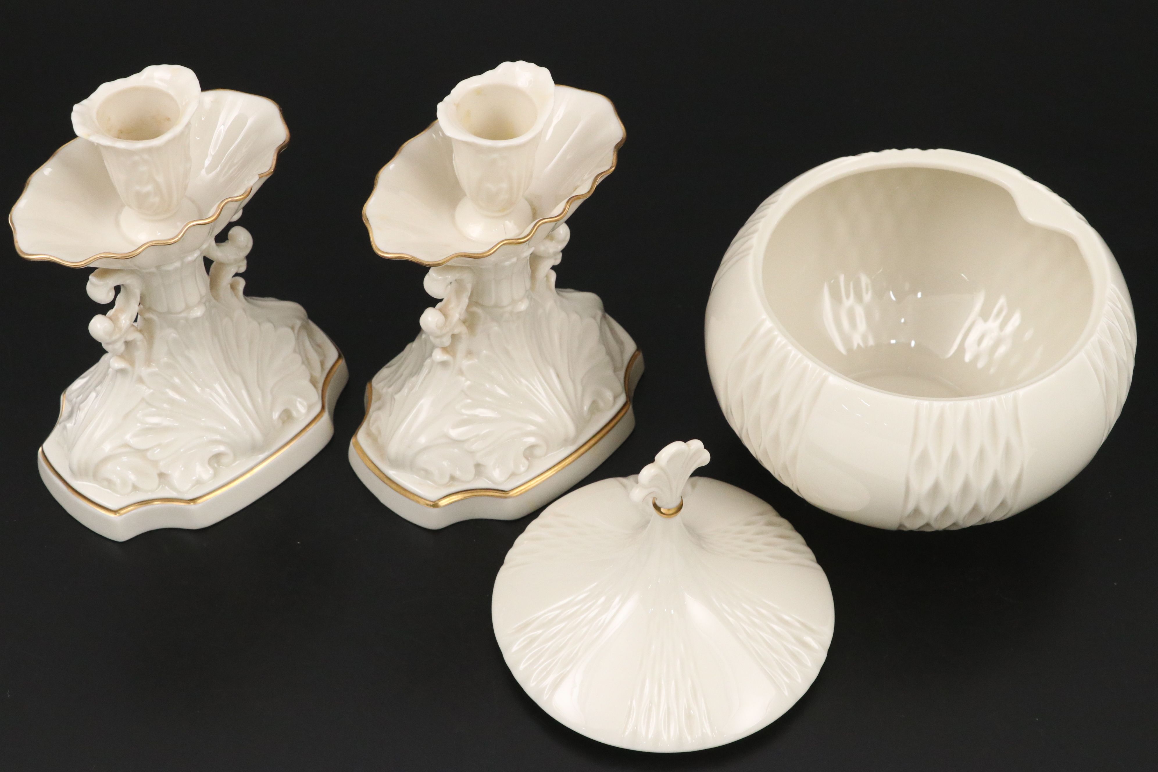 Lenox Porcelain Footed Bowl, Pitcher, Candle Holders, and Lidded Jar